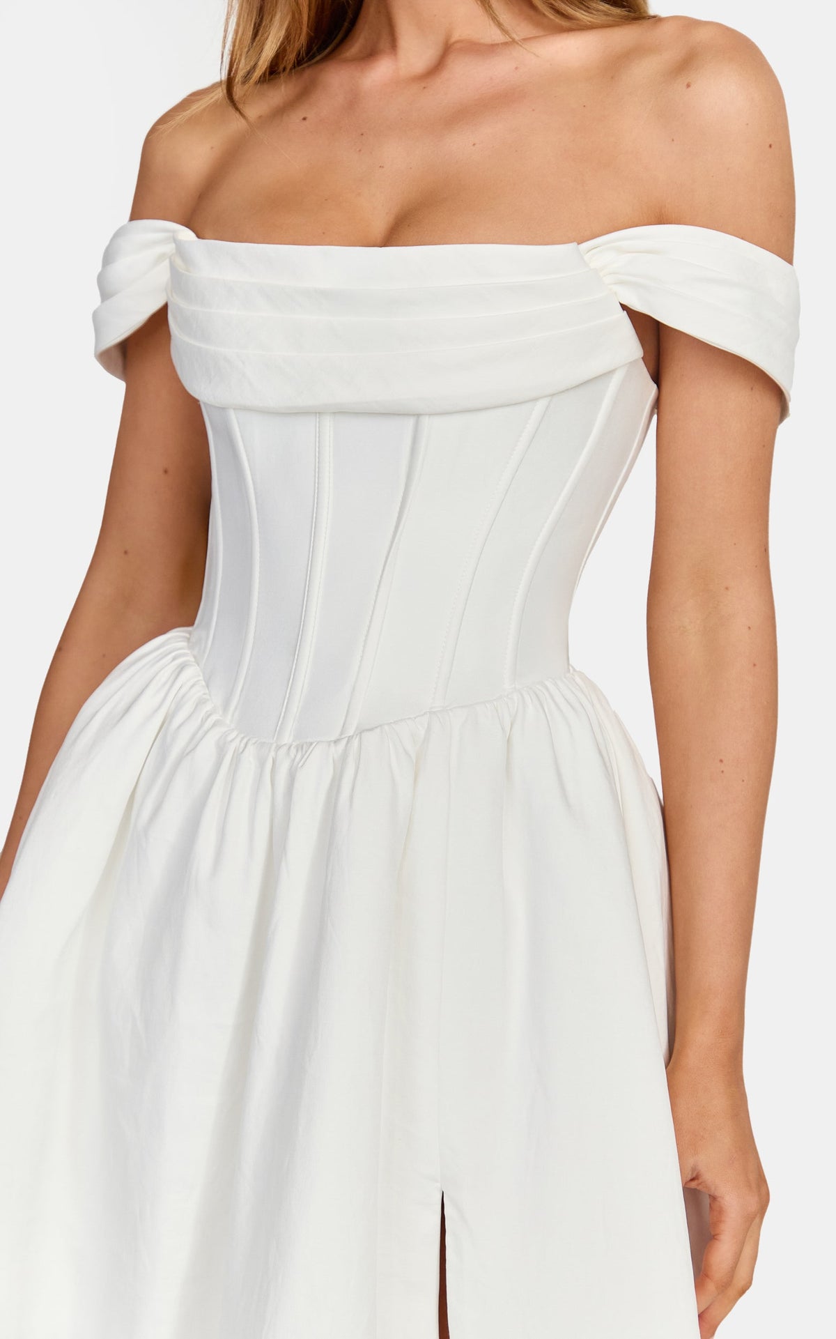 Eden Maxi Dress - Off Shoulder Draped Bust Corset Dress in White