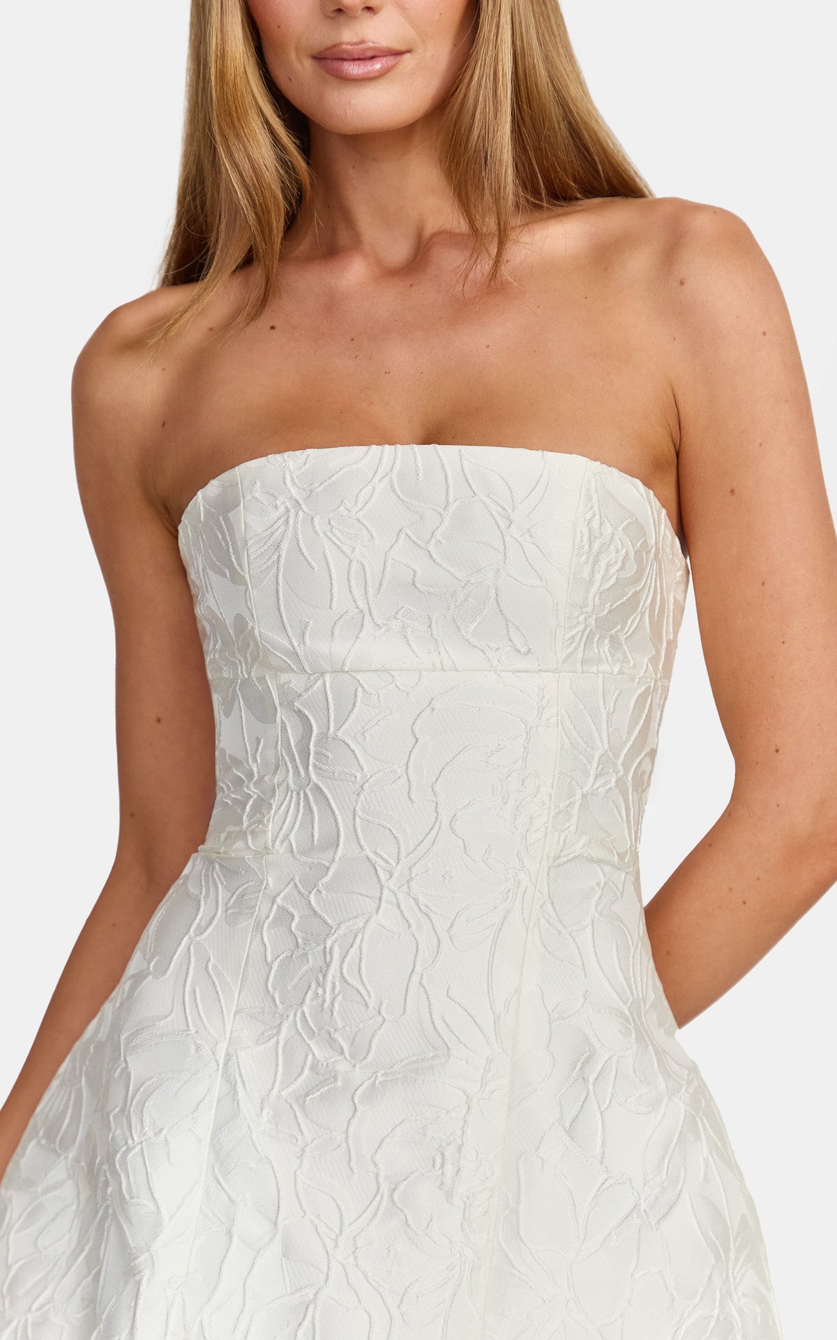 Rosalie Mini Dress - Strapless Jacquard Floral Mini Dress in White