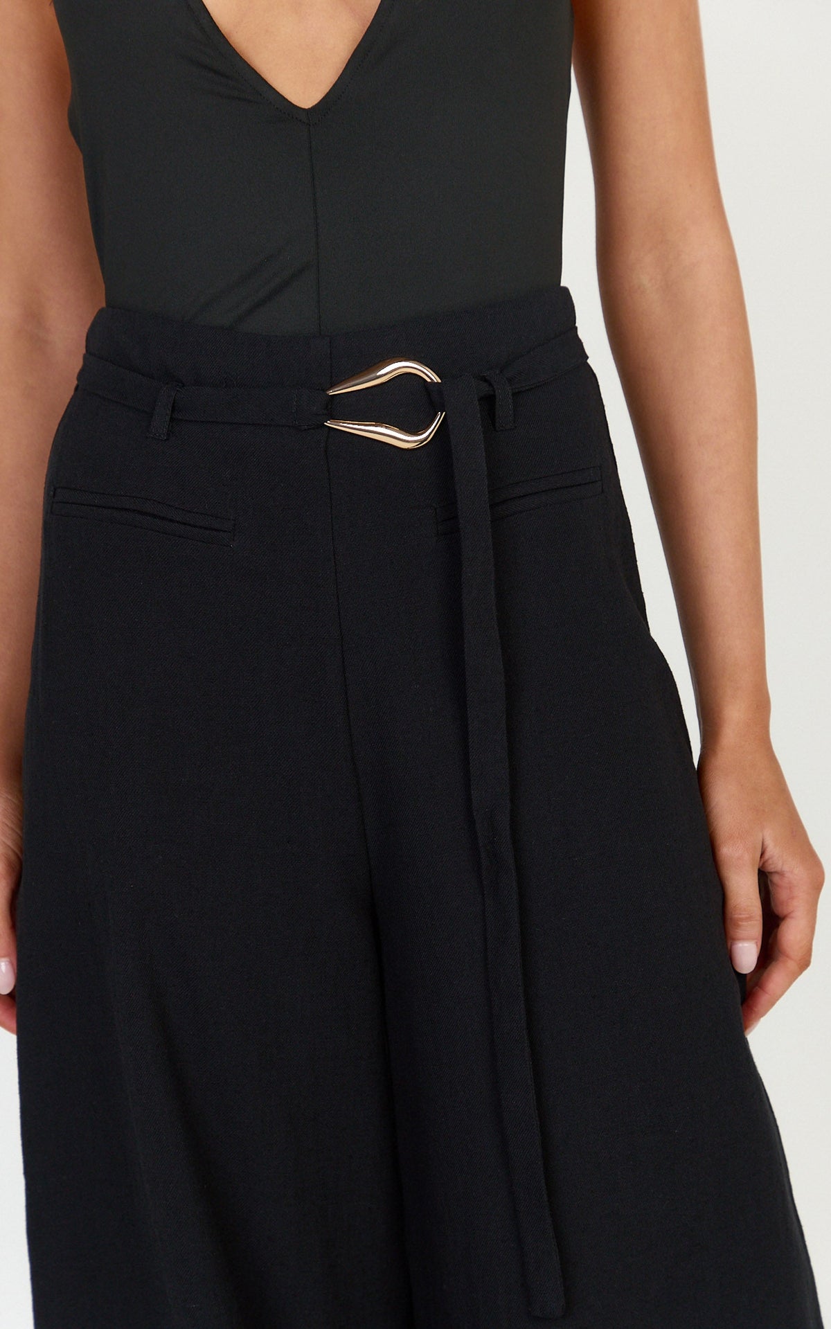 Kyra Pants - Linen Look Belted Wide Leg Pants in Black