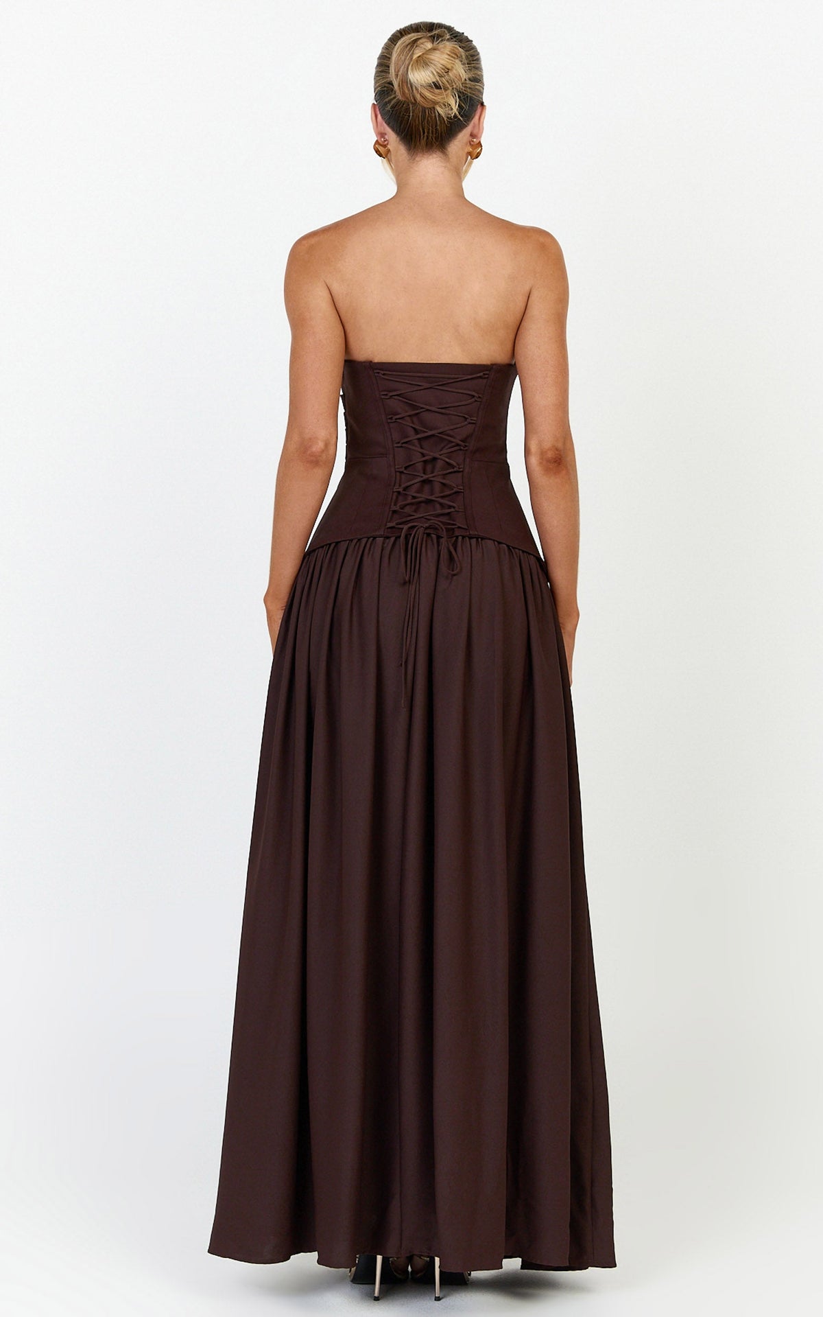 Marlowe Maxi Dress - Strapless Gathered Bodice Fit And Flare Dress in Chocolate