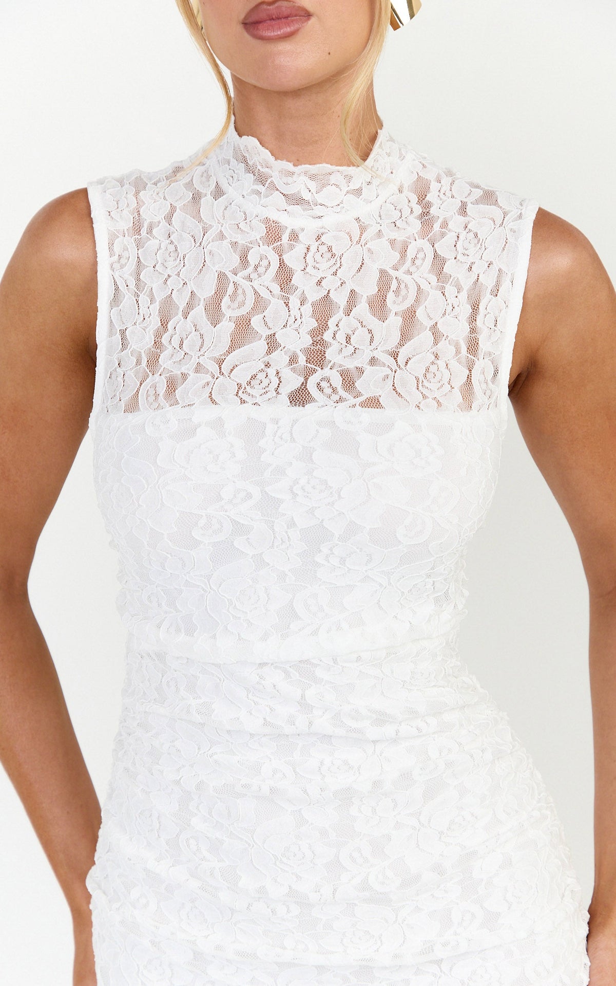 Luna Maxi Dress - Lace High Neck Sleeveless Dress in White