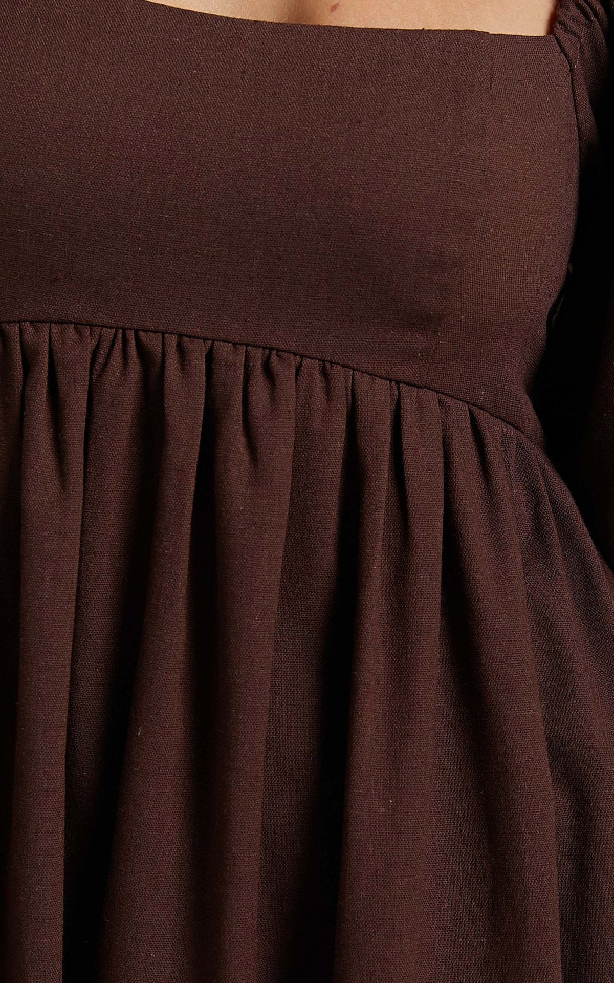 Cenia Midi Dress - Linen Straight Neck Shirred Back Puff Sleeve Dress in Dark Oak