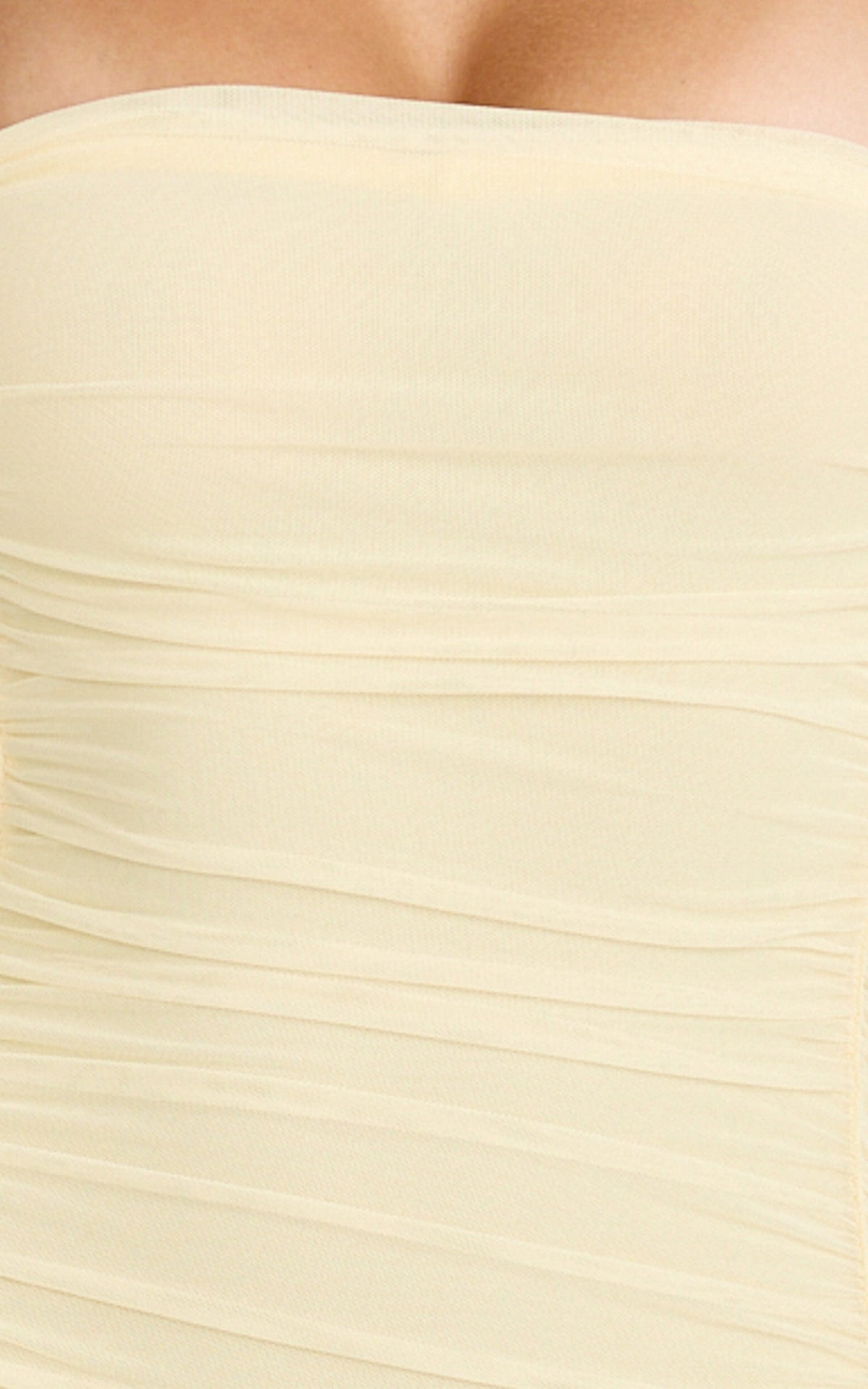 Cardi Maxi Dress - Ruched Mesh High Leg Split Dress in Lemon