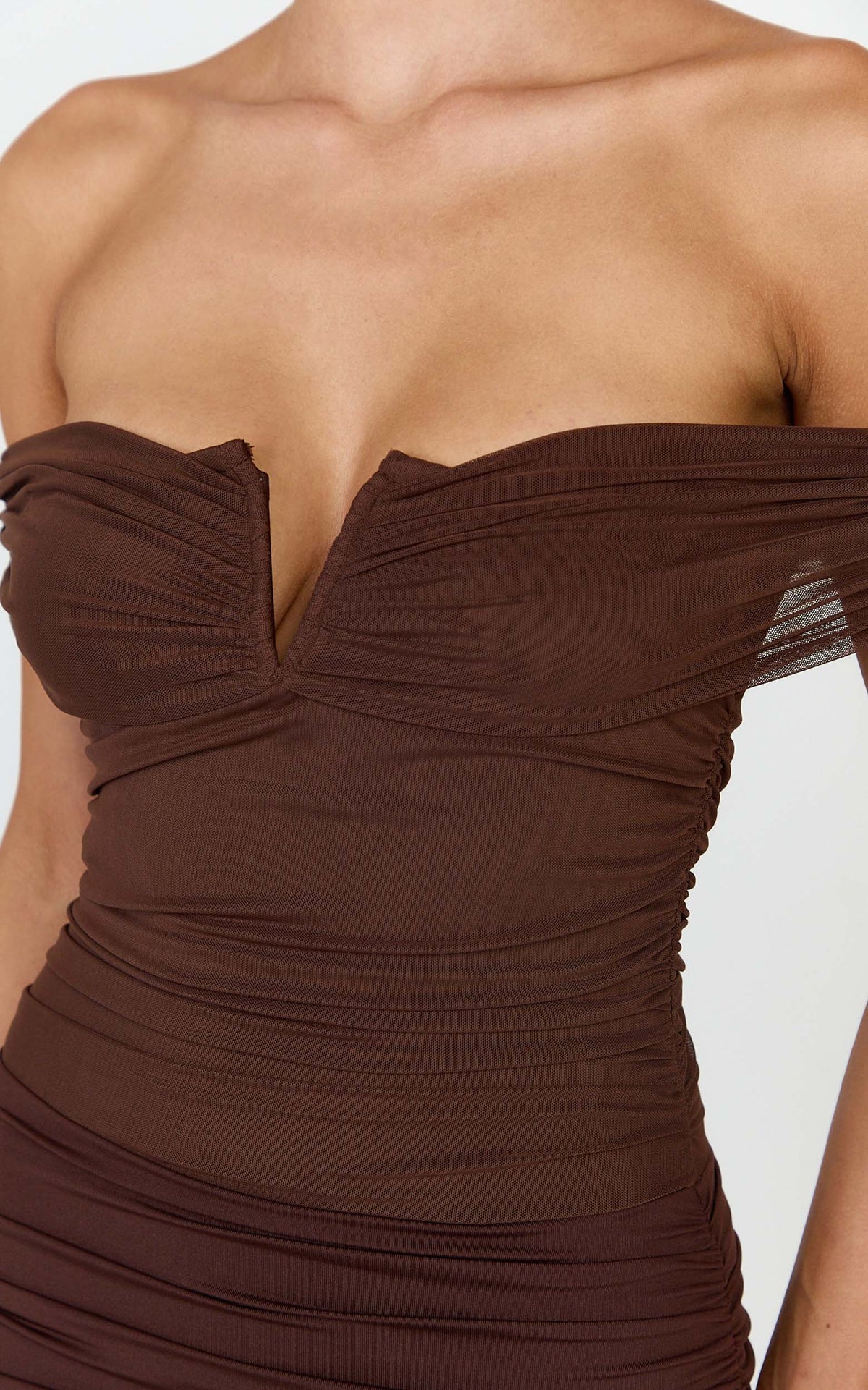 Vienna Maxi Dress - Off Shoulder Gathered Bodice Dress in Chocolate