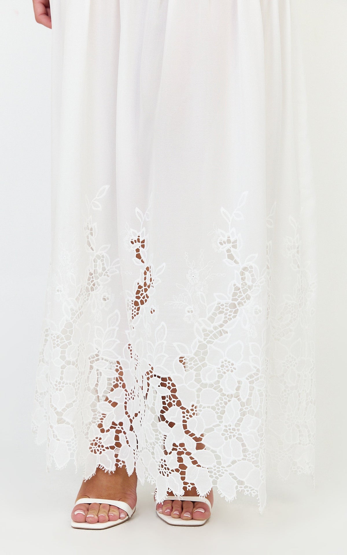 Everly Maxi Dress - Straight Neck Broderie Cut Out Hem Dress in White
