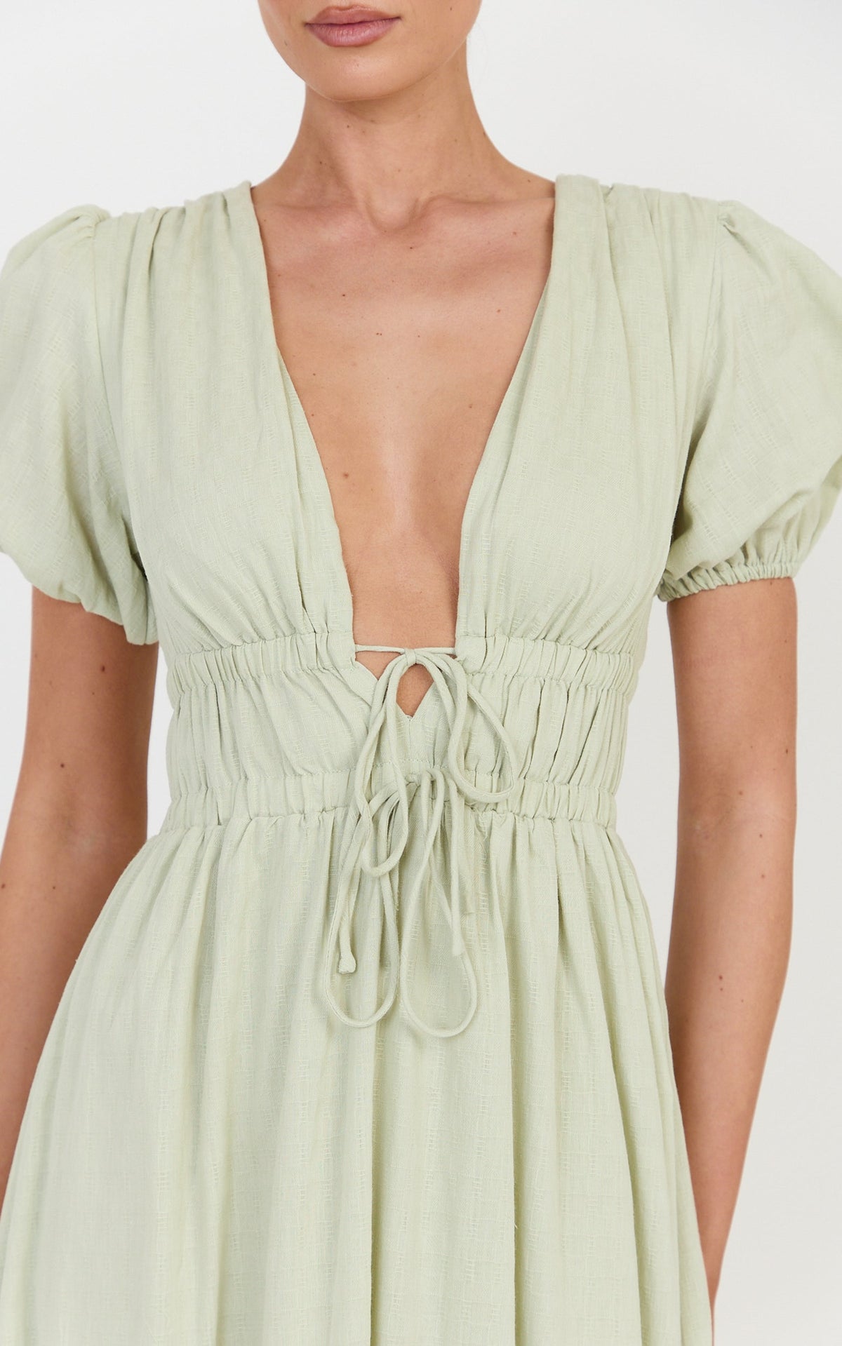 Matteo Midi Dress - Deep V Neck Puff Sleeve Dress in Sage