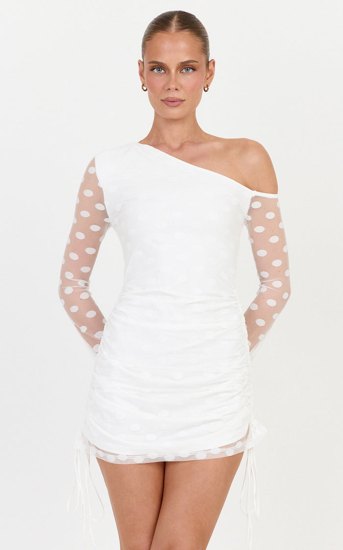 Bessette Mini Dress - Polka Dot Mesh Long Sleeve Dress in Ivory