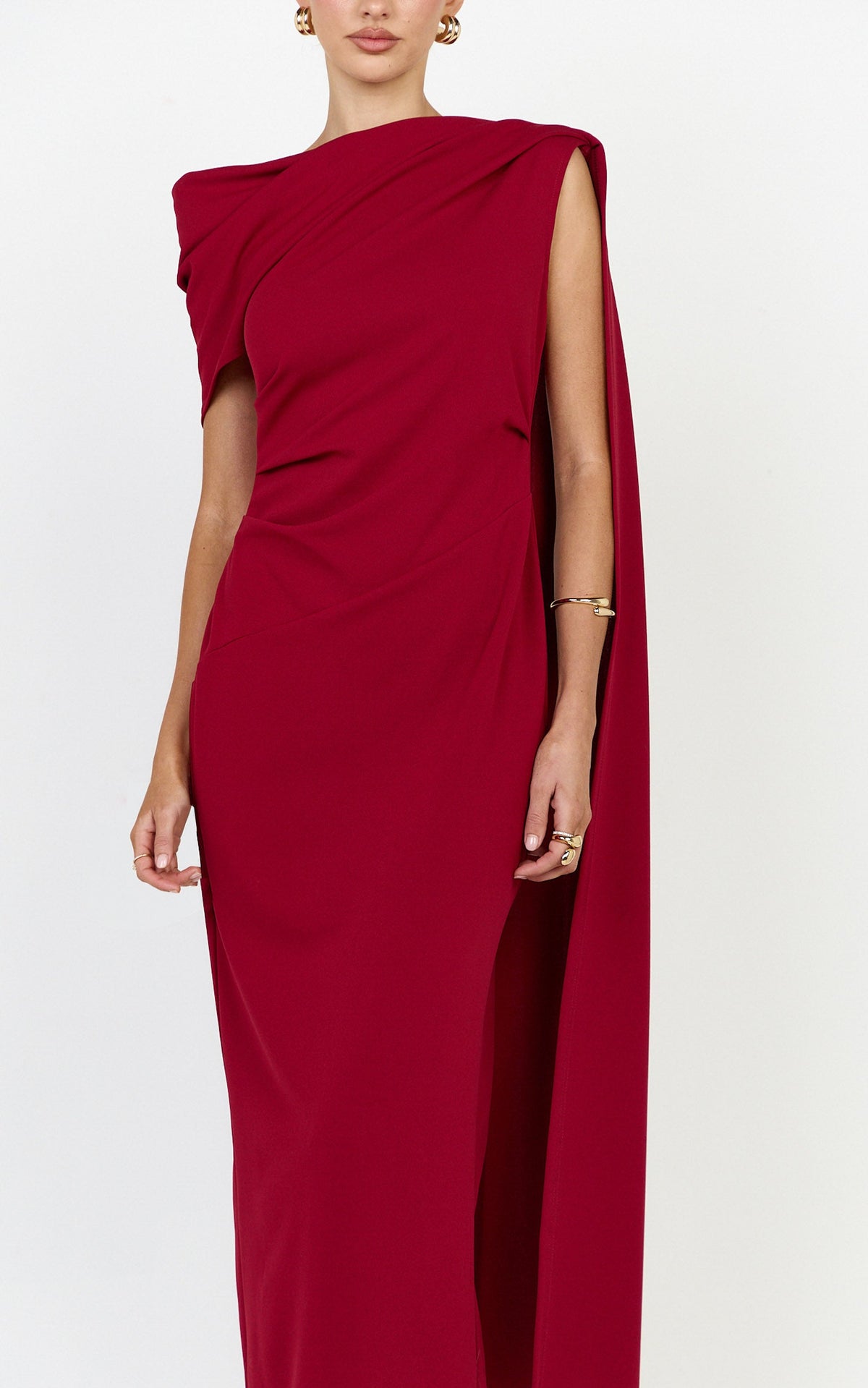 Visenta Midi Dress - Asymmetrical Sleeve Dress in Wine