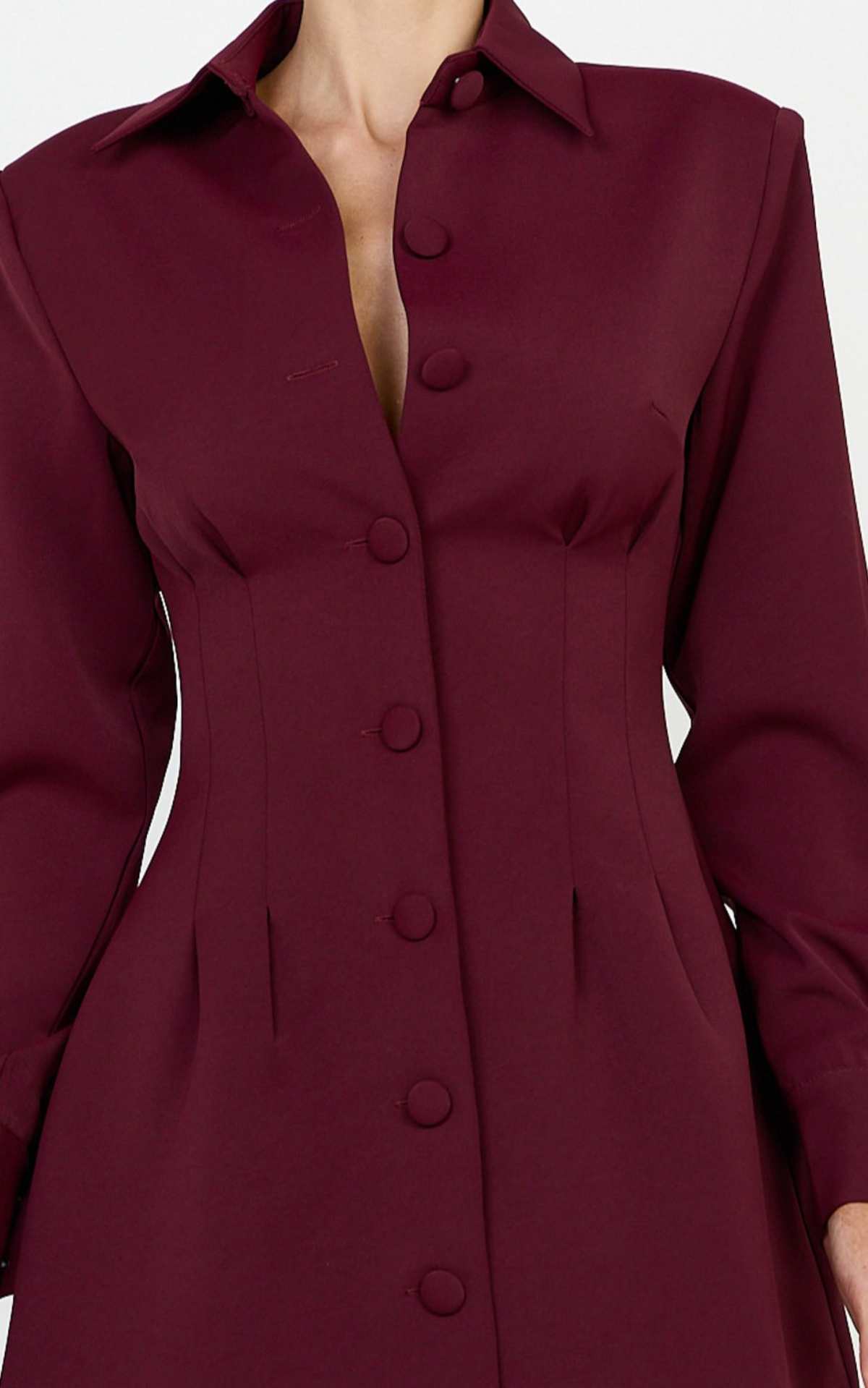 Thelma Mini Dress - Button Front Pleat Waist Tulip Skirt Shirtdress in Wine