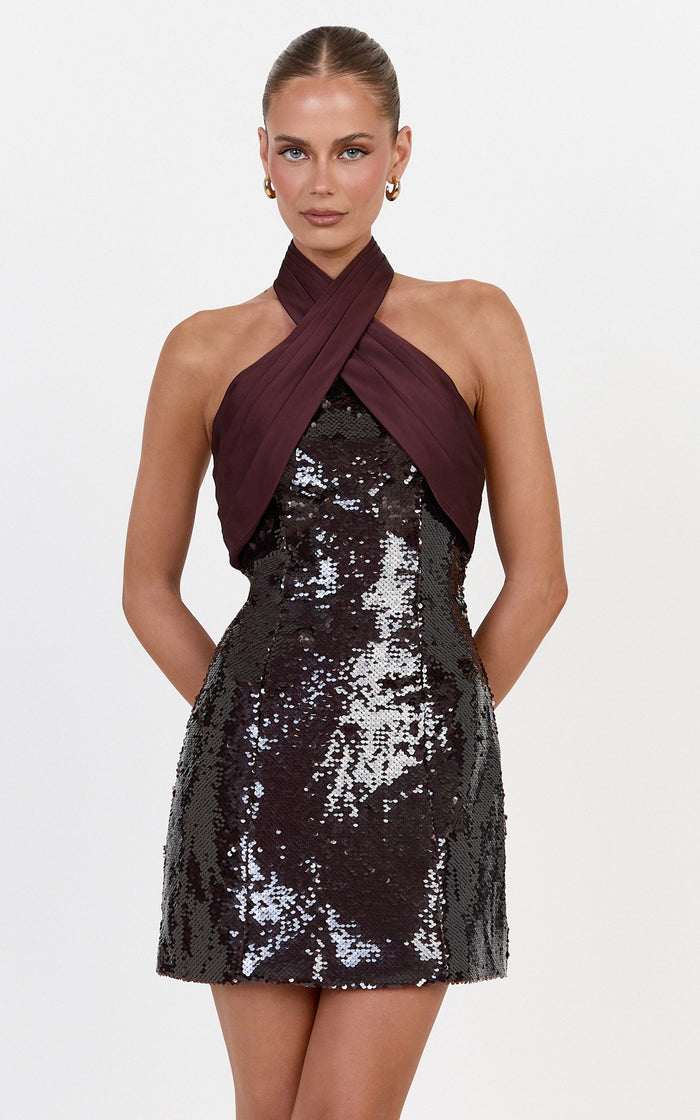 Shea Mini Dress - Crossover Halter Tie Neck Contrast Satin And Sequin Mini Dress in Plum