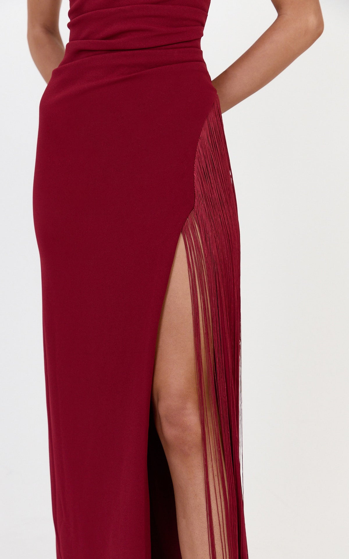 Joanne Maxi Dress - Scoop Neck Fringe Dress in Wine