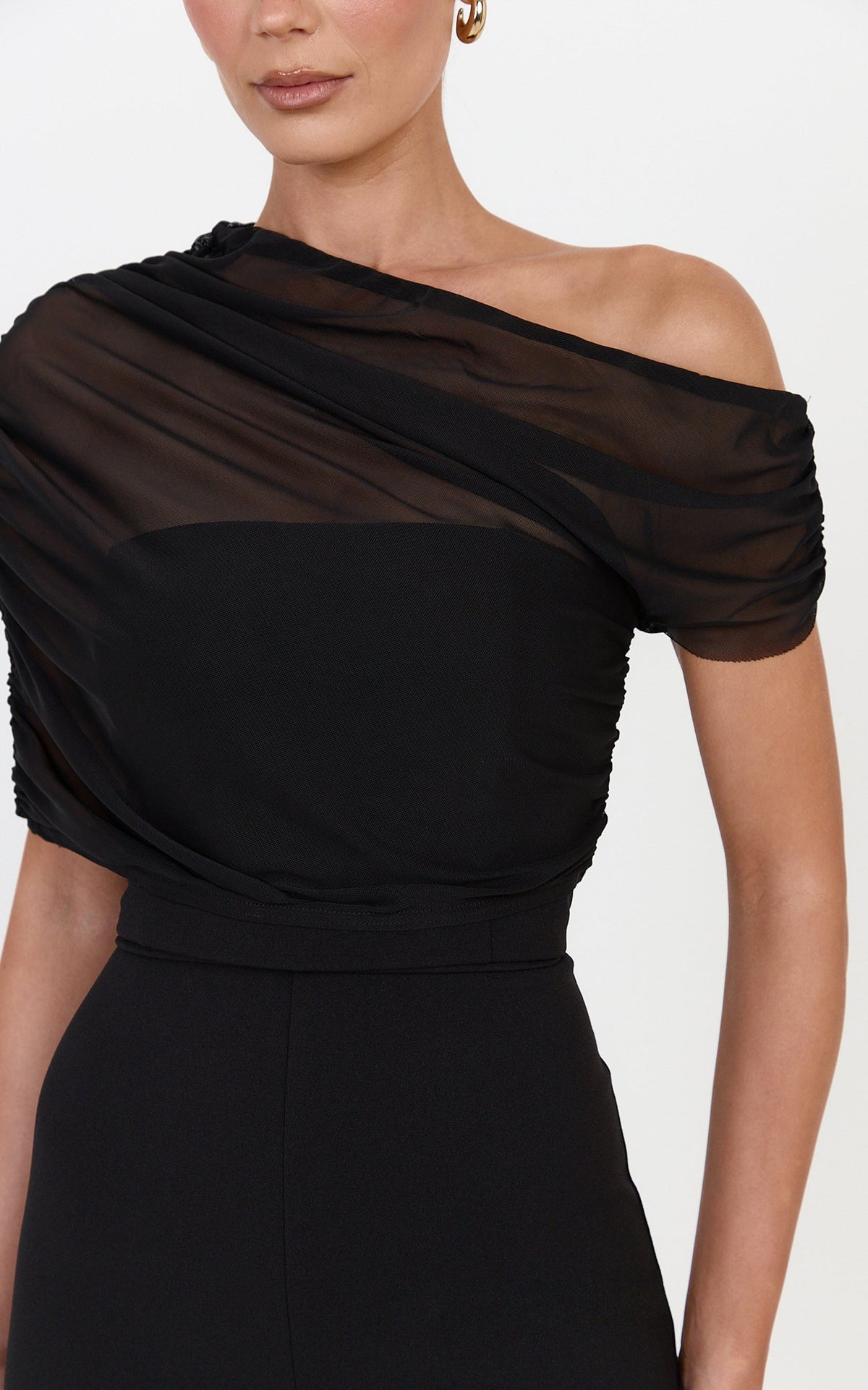Eira Jumpsuit - Strapless Straight Leg Jumpsuit With Sheer Mesh Cape Overlay in Black