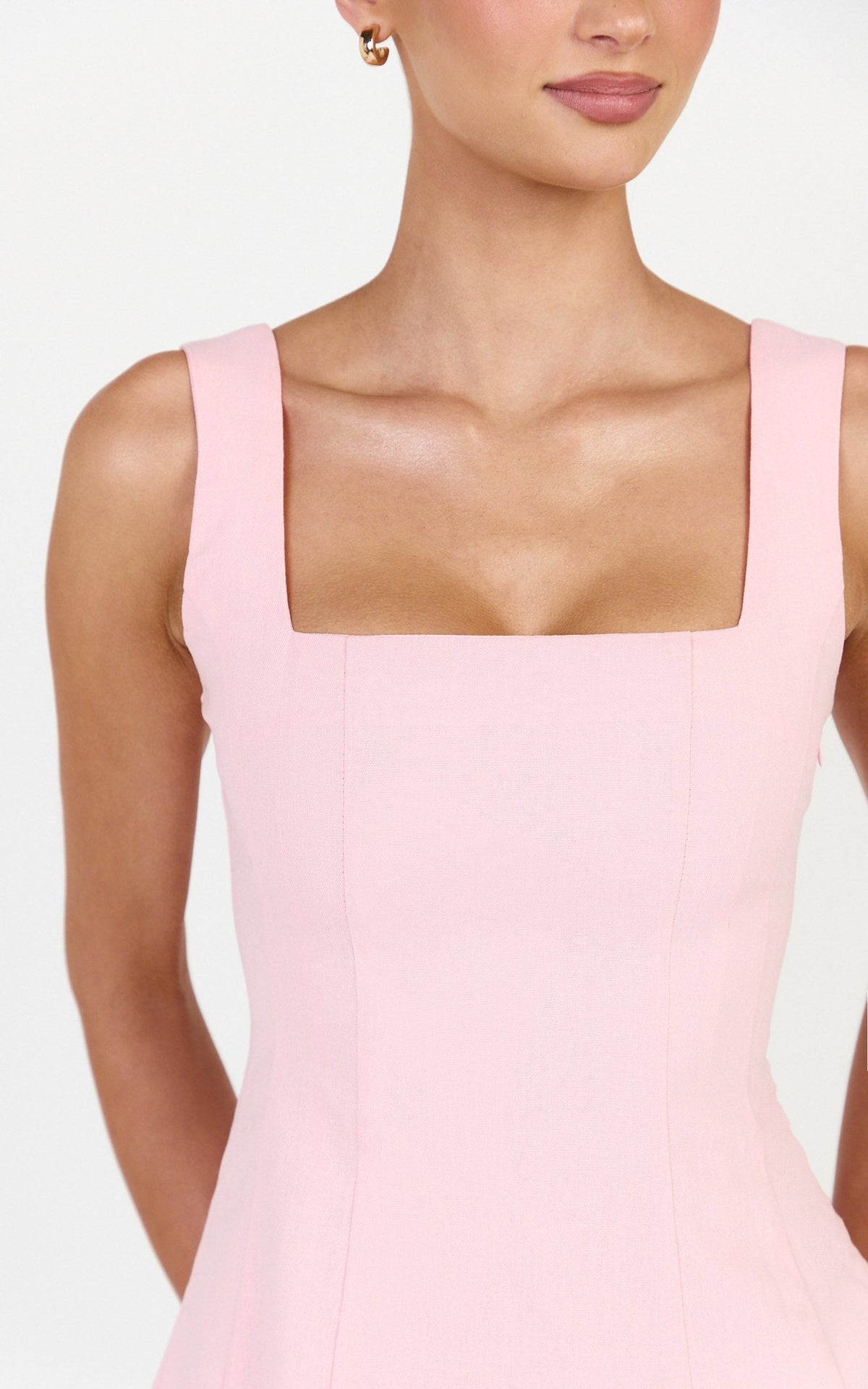 Adiana Mini Dress - Linen Square Neck Shirred Back A Line Dress in Pink