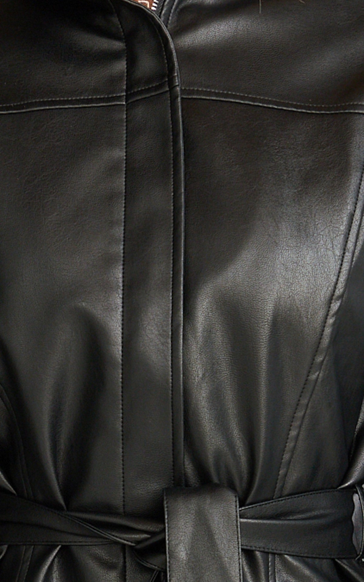 Orielle Jacket - Faux Leather Belted Funnel Neck Jacket in Black
