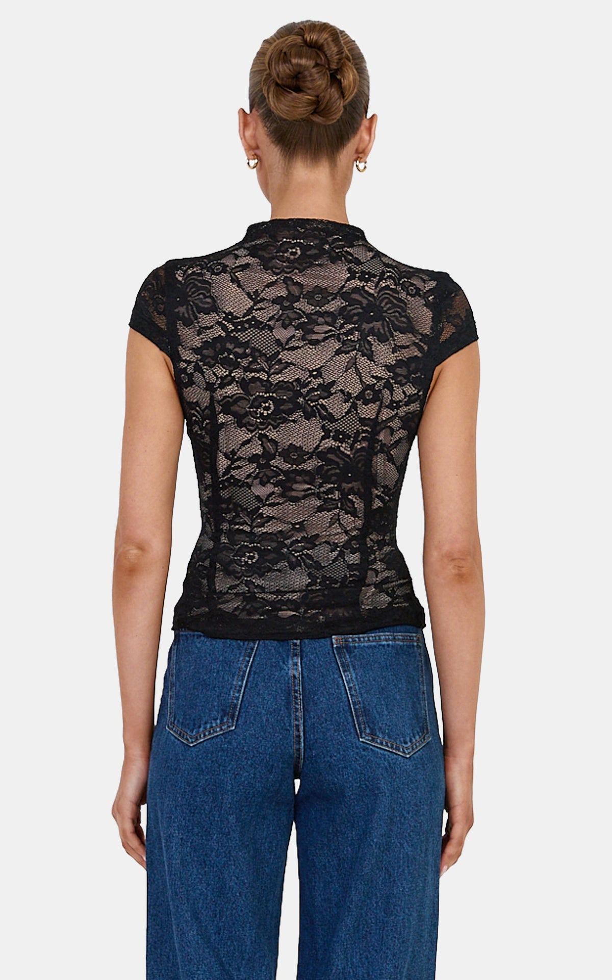 Nyla Top - Mandarin Collar Keyhole Lace Top in Black
