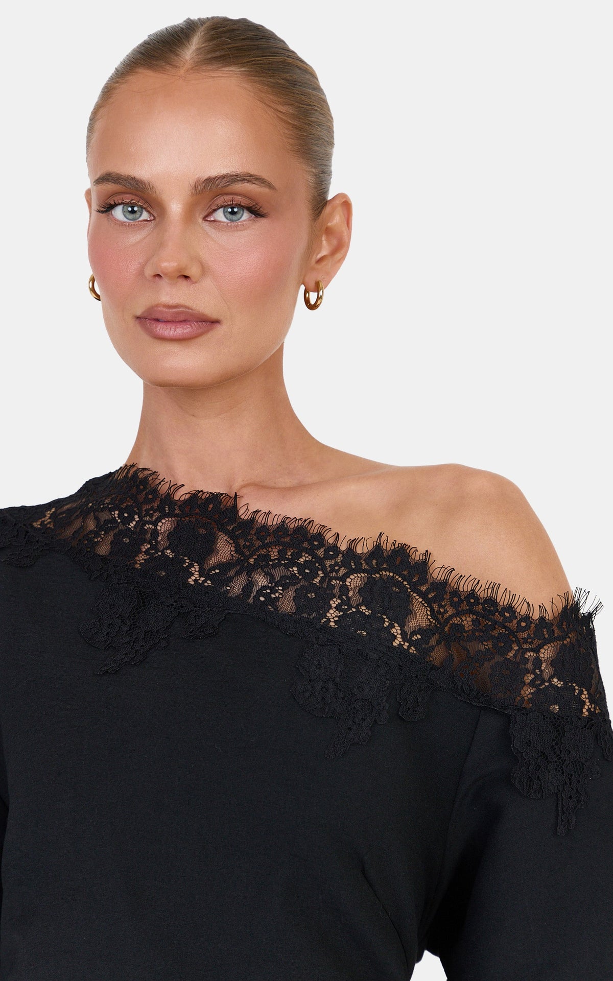Chantelle Mini Dress - Cotton Blend Asymmetrical Tie Back Lace Mini Dress in Black