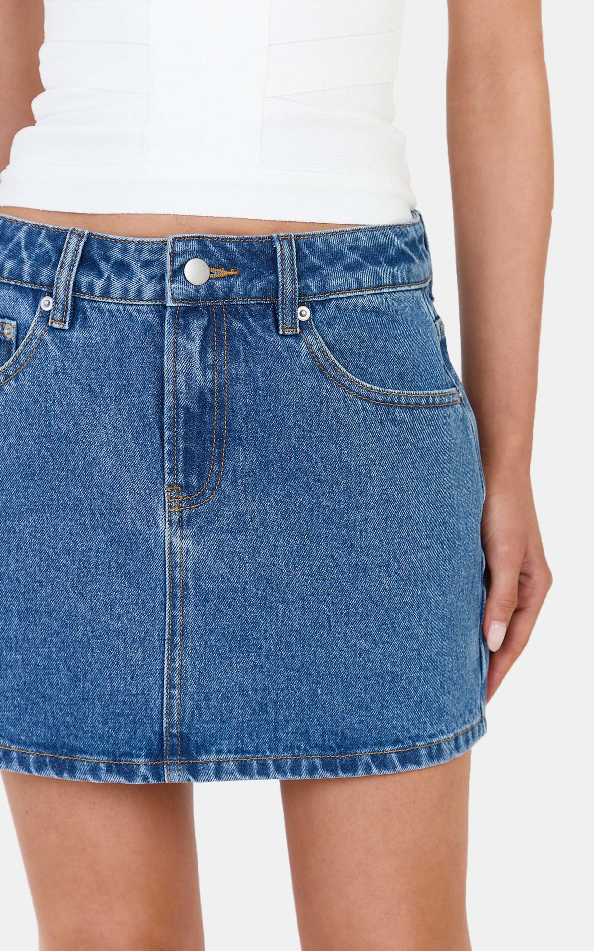 Kaitlyn Mini Skirt - Denim Low Rise Mini Skirt in Dark Blue Wash