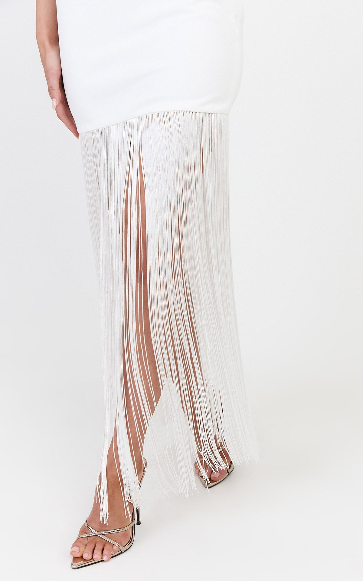 Evie Maxi Dress - Crepe Fringed Shift Dress in White