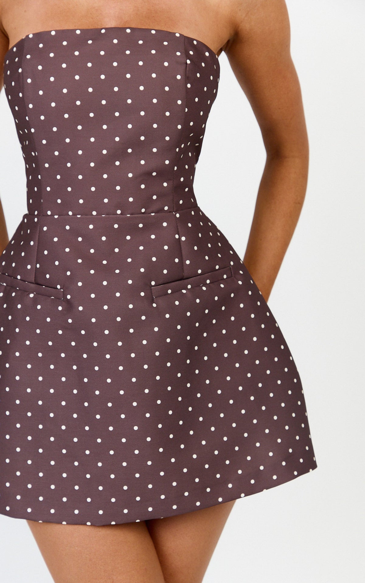 Benson Playsuit - Strapless Fit and Flare Playsuit in Chocolate/Cream Polka Dot