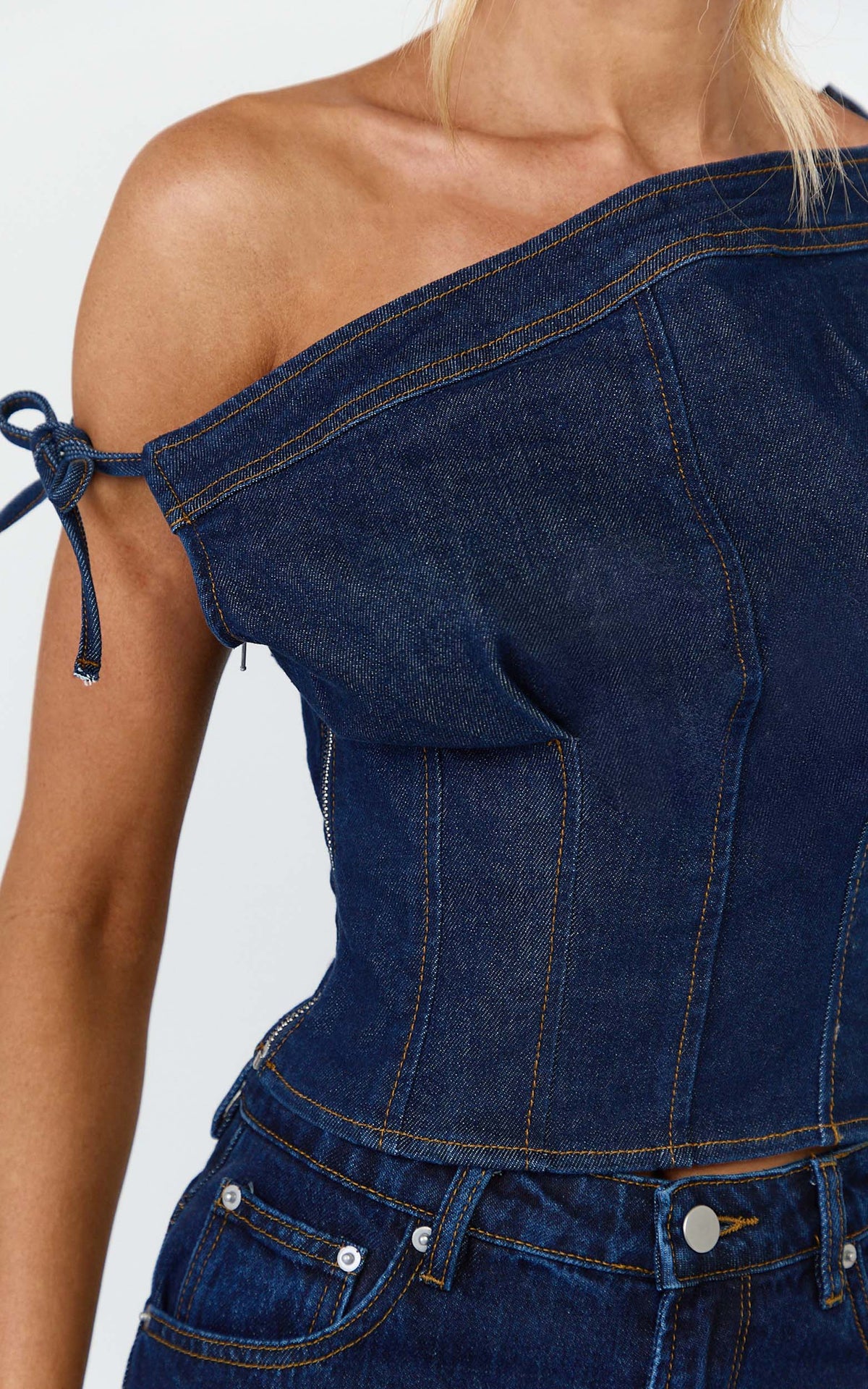 Ivy Top - Asymmetrical Neckline Tie Detail Stretch Denim Top in Dark Blue Wash