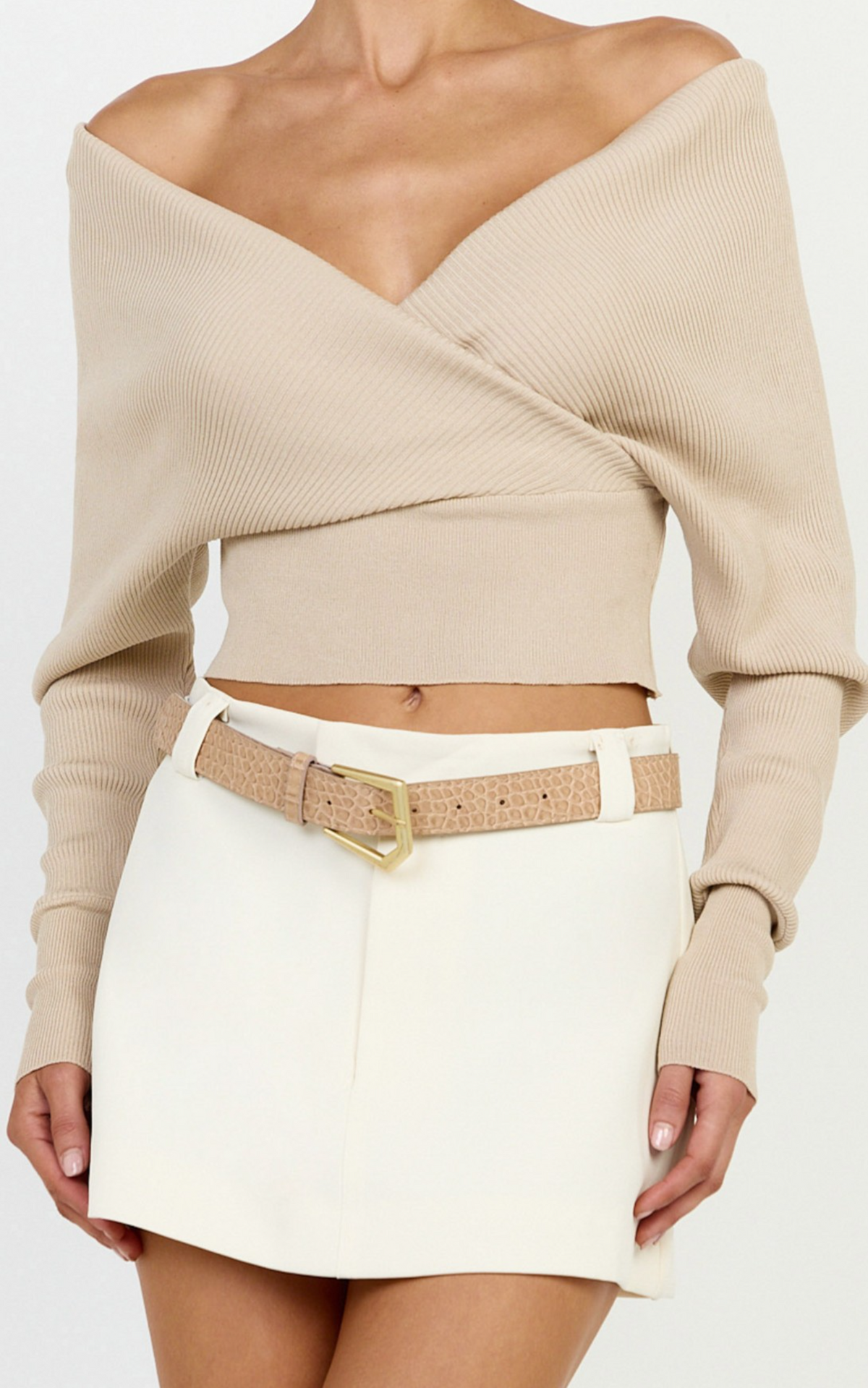 Petra Top - Long Sleeve Wrap Ribbed Knit Top in Oat Marle