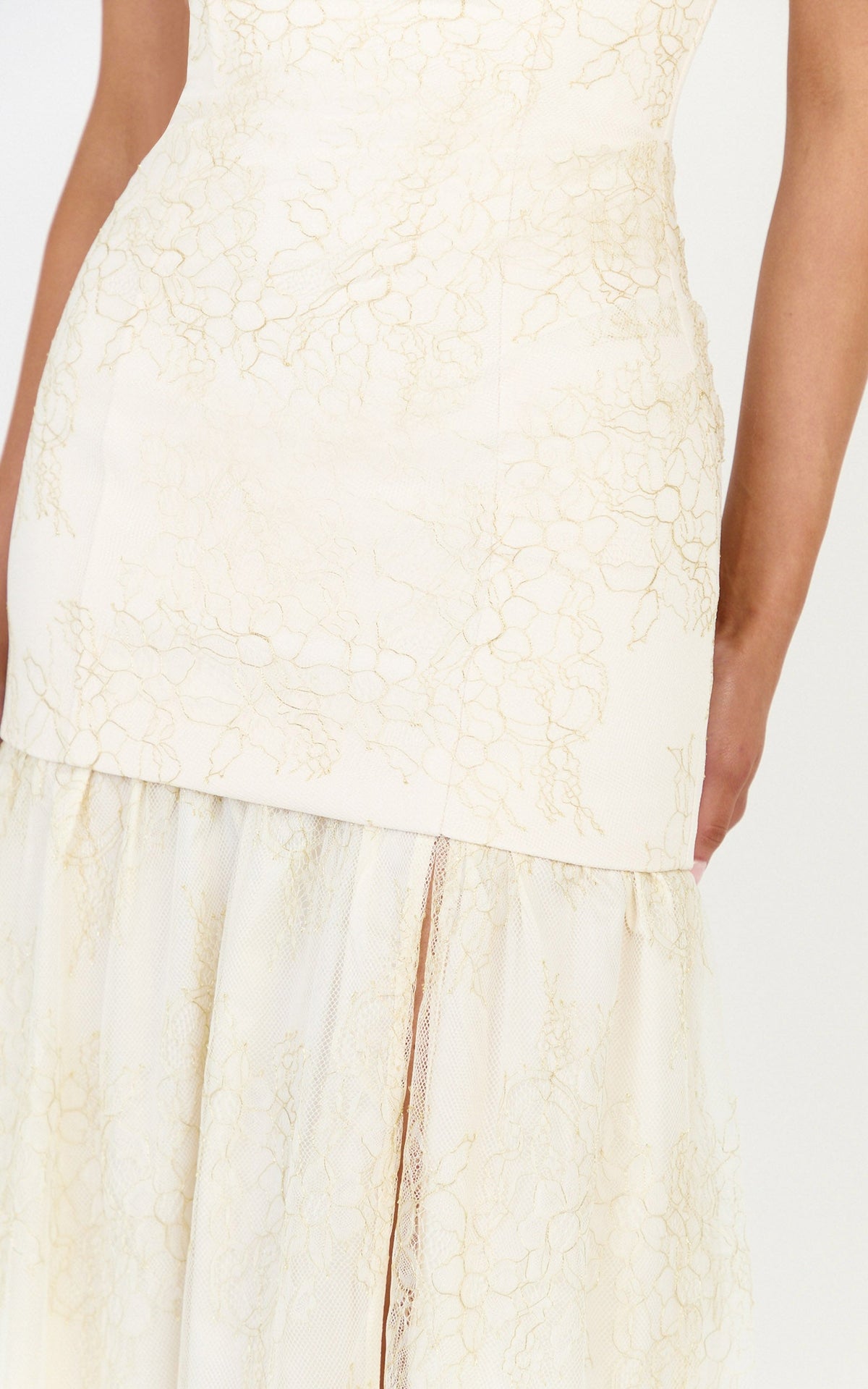 Brielle Maxi Dress - Strapless Gathered Fit & Flare Lace Dress in Champagne