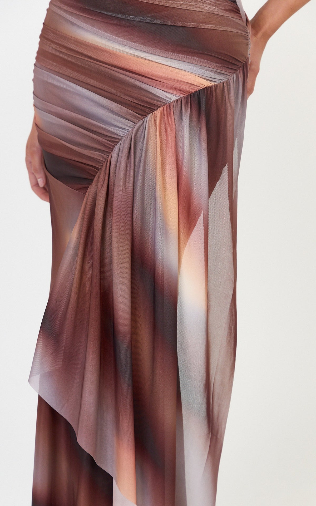 Lucienne Maxi Dress - Asymmetric Neckline Gathered Draped Sash Dress in Aurora Print