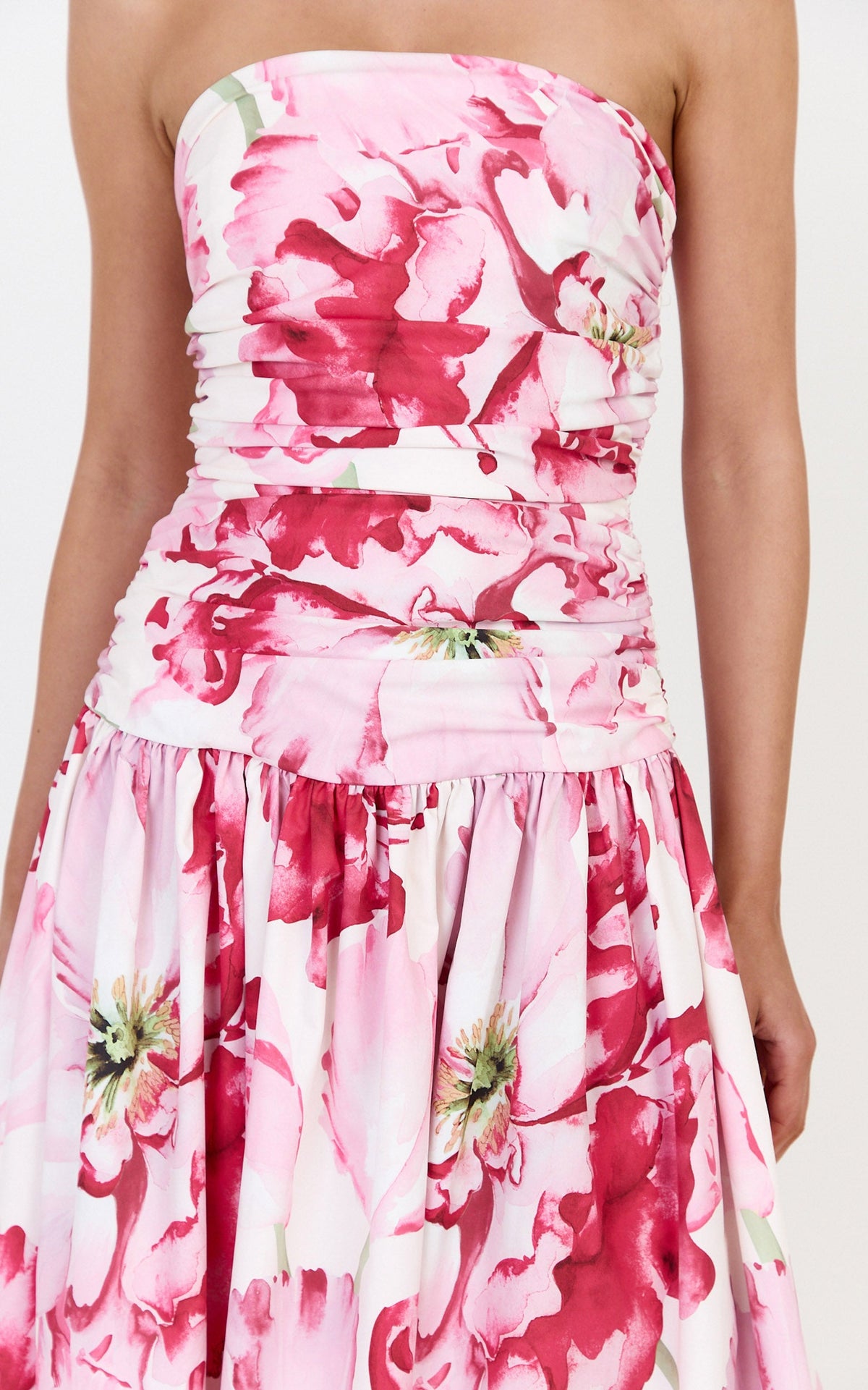 Isadora Midi Dress - Strapless Ruched Front Fit And Flare Dress in Poppy On White Print