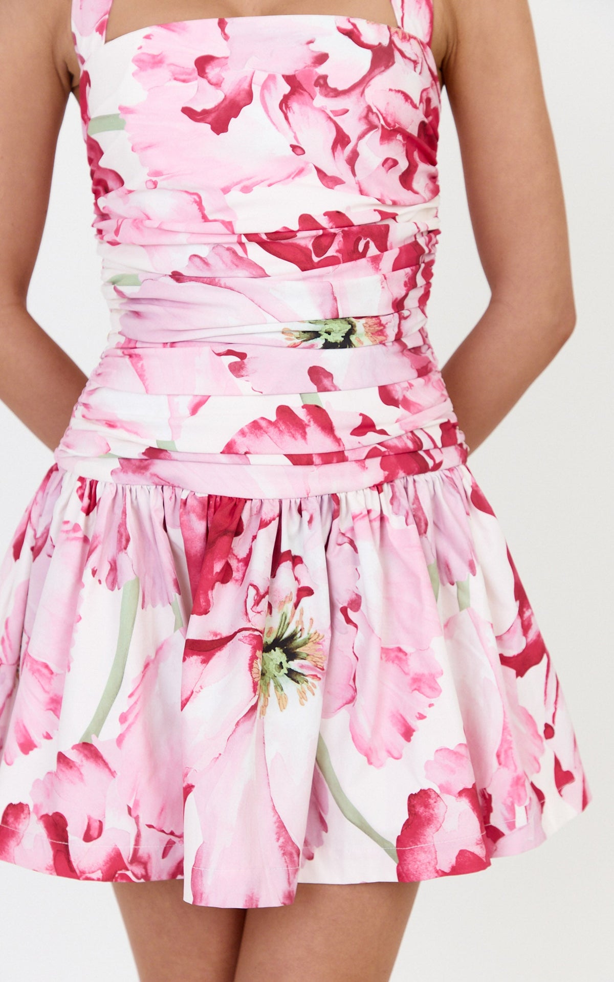 Isadora Mini Dress - Halter Neck Ruched Front Dress in Poppy On White Print