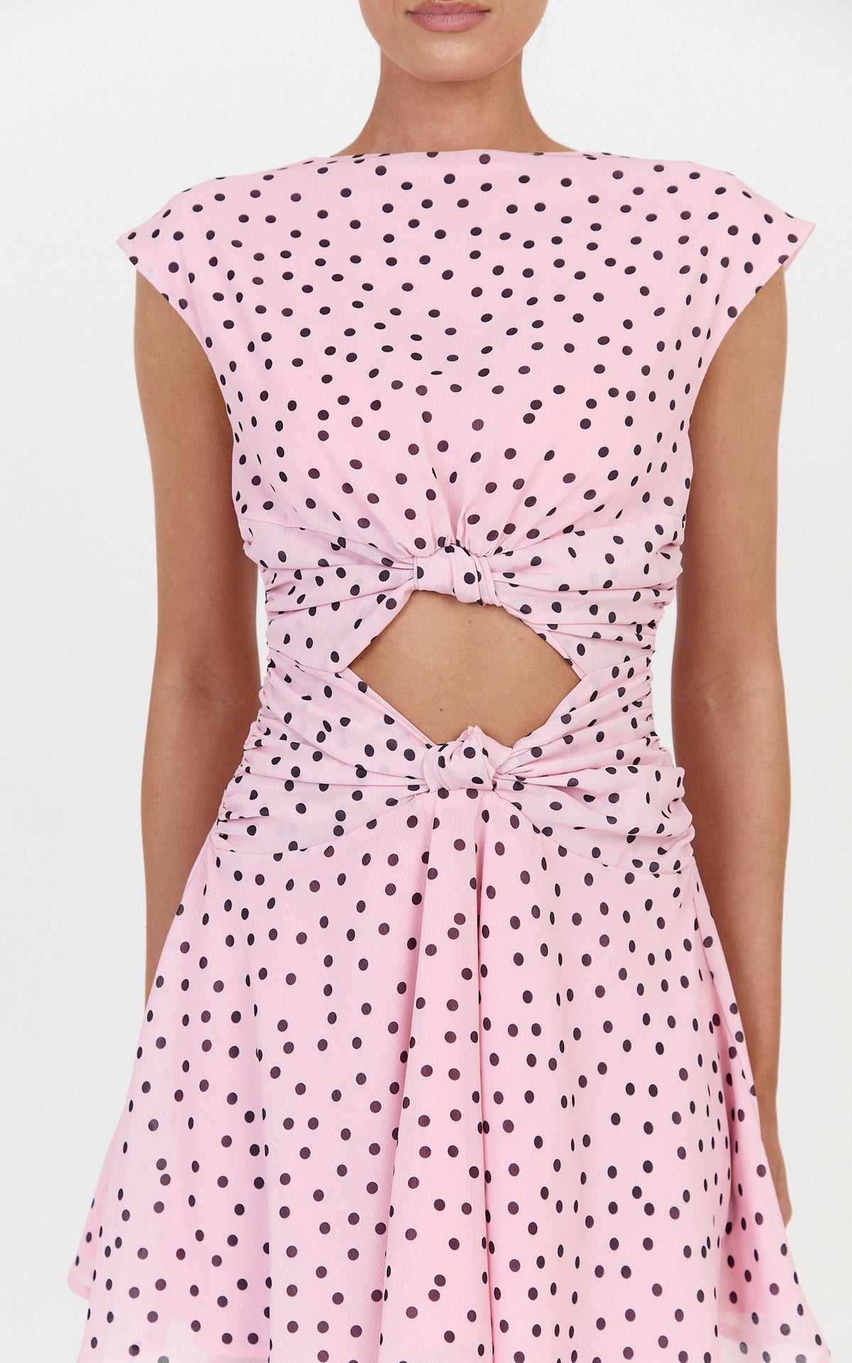 Livia Mini Dress - Cut Out Knot Detail Dress in Blush Scattered Polka Dot Print