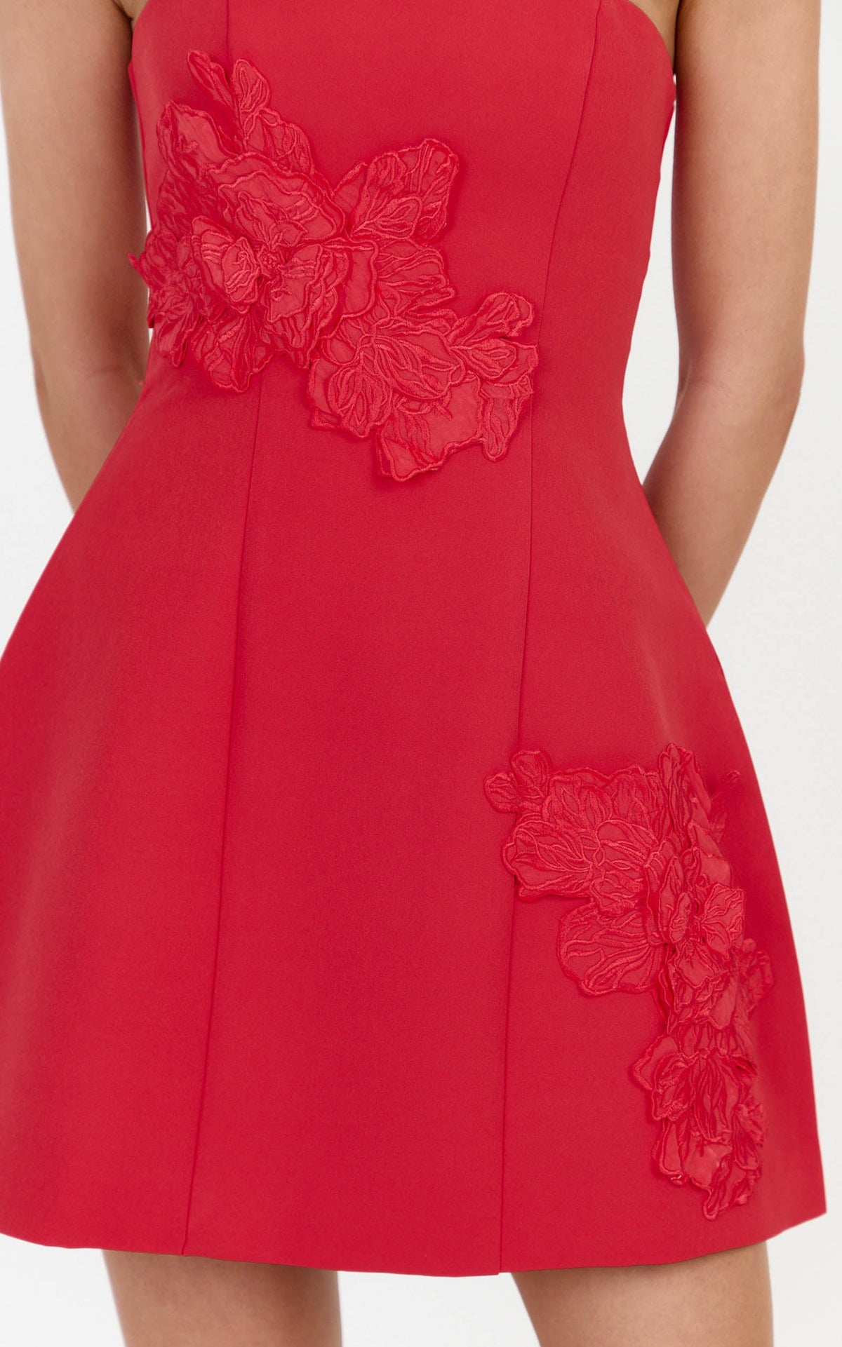 Moana Mini Dress - Strapless Floral Embellished Structured Dress in Red