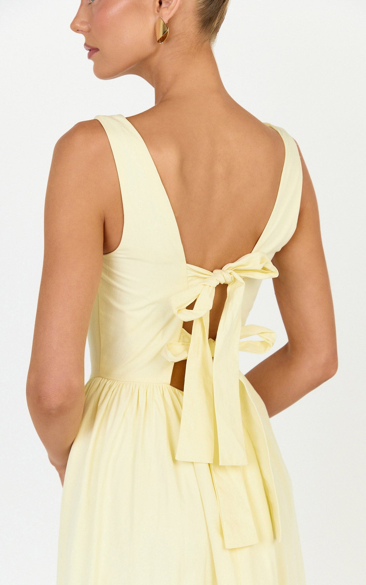 Casina Midi Dress - Boat Neck Tie Back Fit And Flare Dress in Yellow