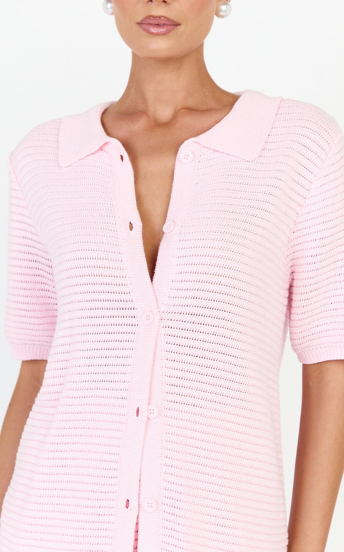 Vivi Two Piece Top and Shorts Set - Crochet Shirt and Shorts Set in Pink