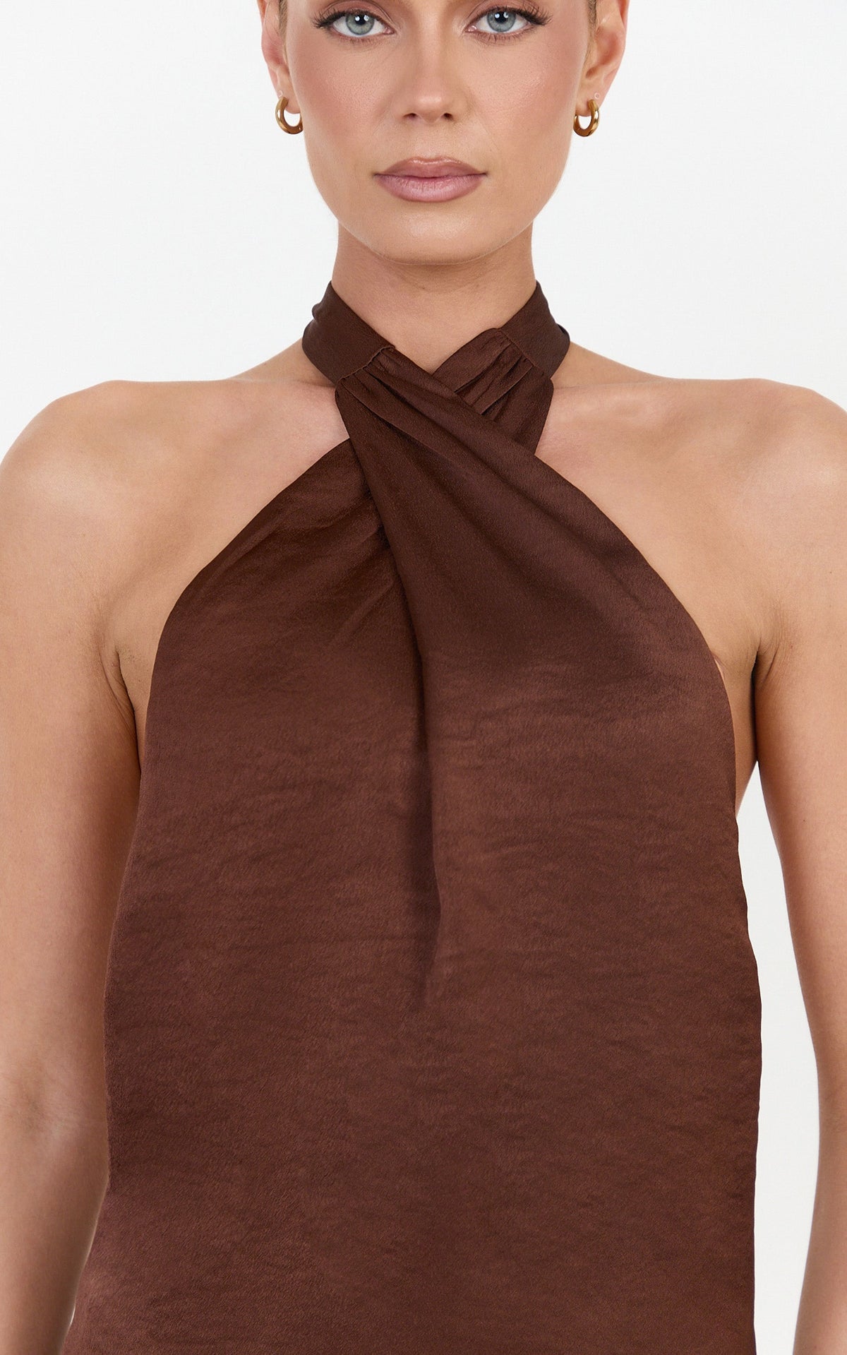 Lori Mini Dress - Halter Neck Low Back Satin Mini Dress in Chocolate