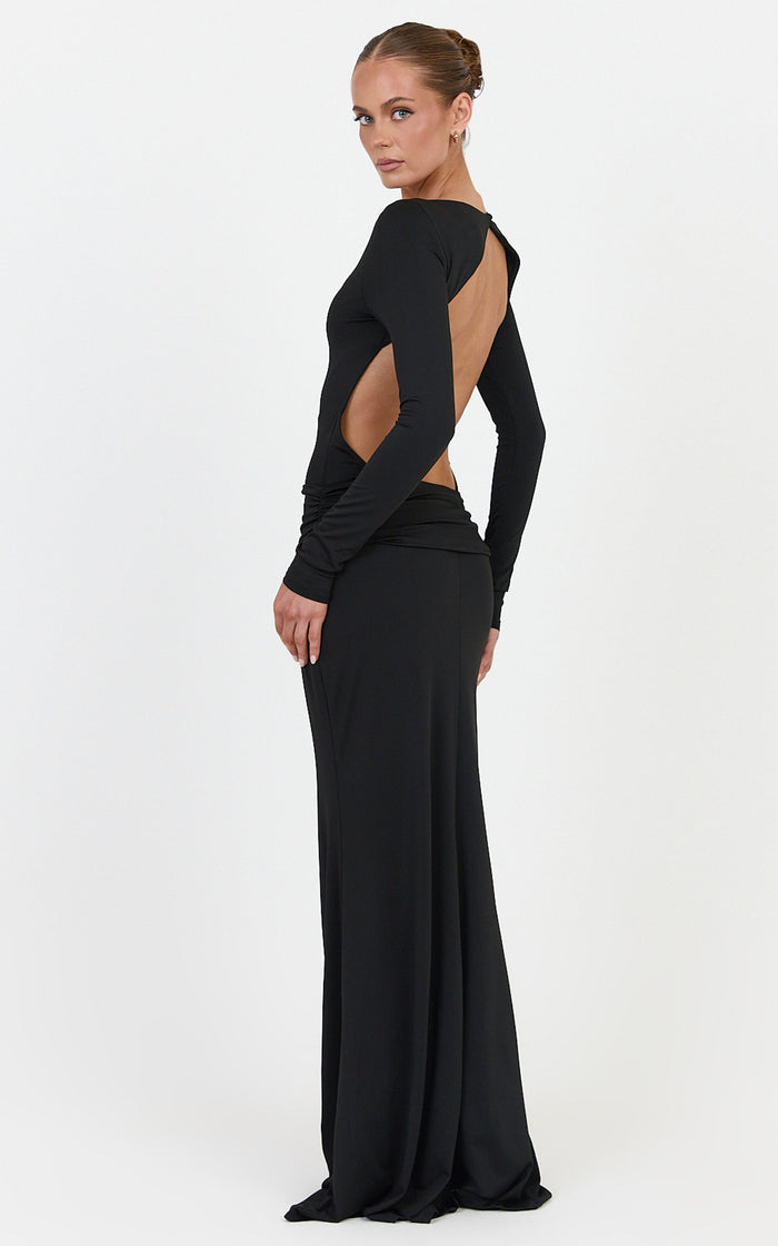 Maud Maxi Dress - Long Sleeve Open Back Dress With Hip Ruching Detail in Black