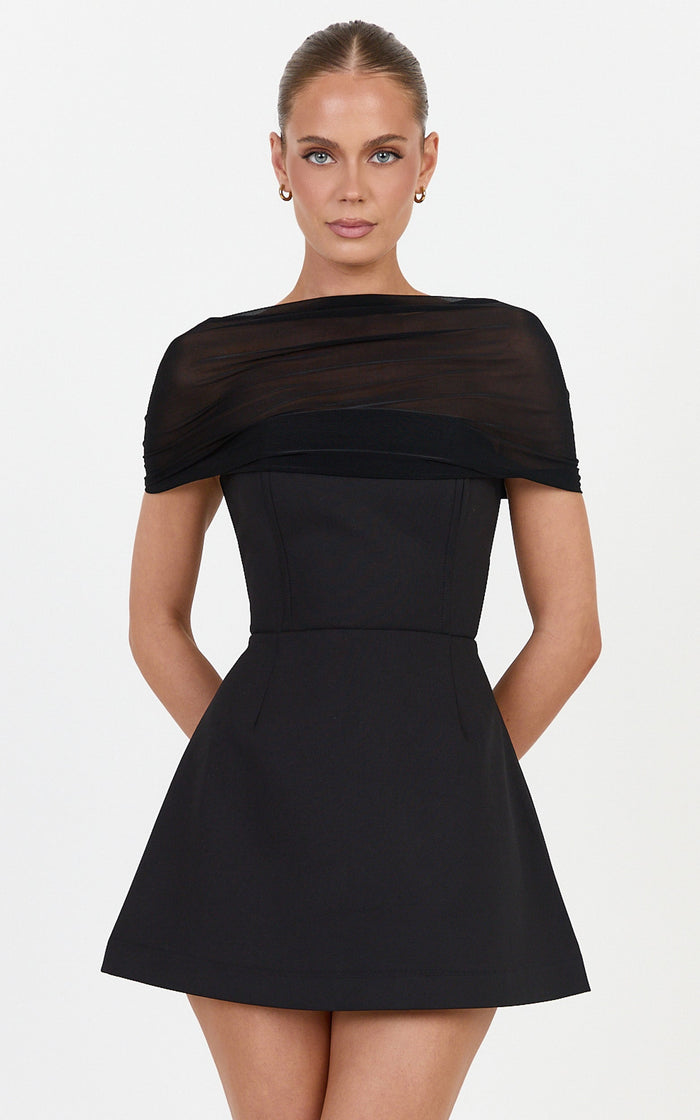 Anna Playsuit - Fit And Flare Playsuit With Mesh Overlay in Black