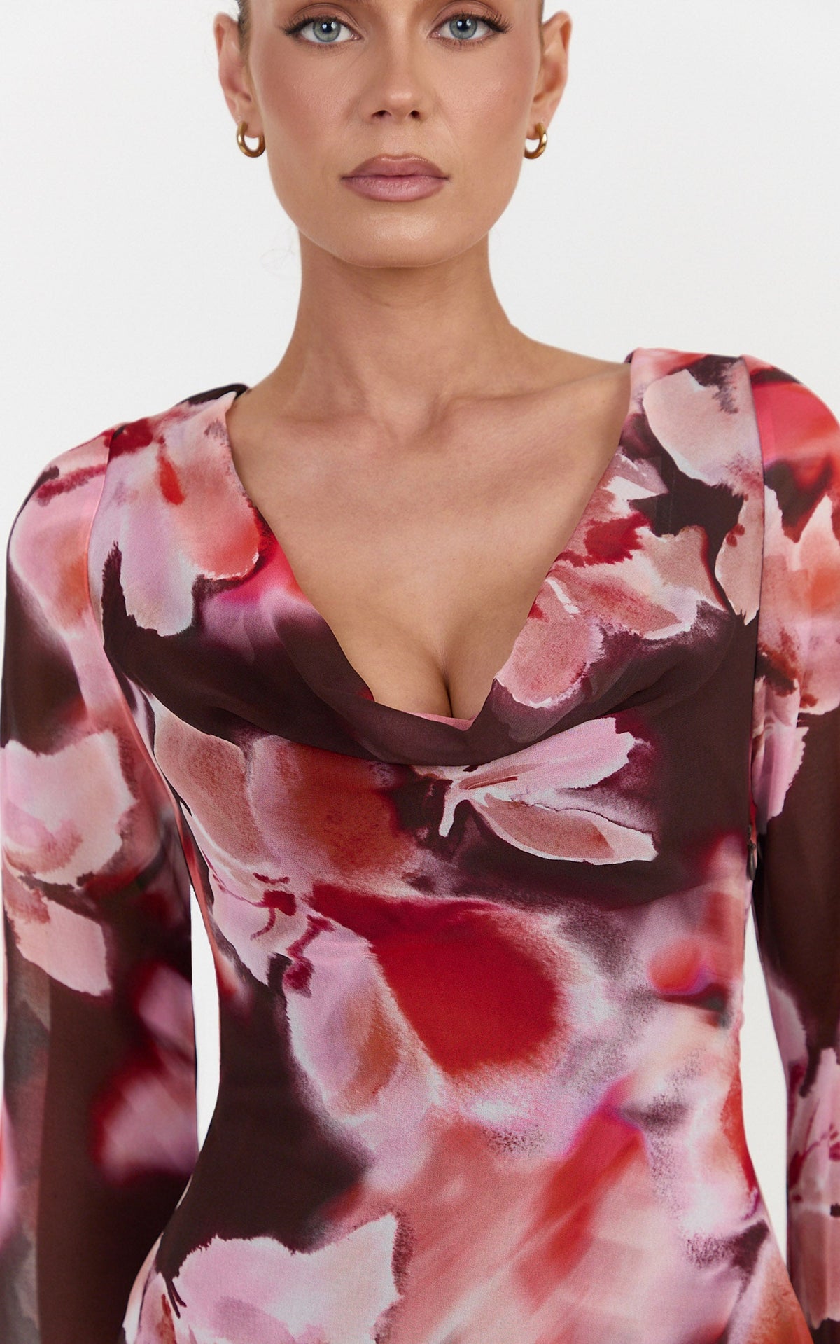 Cordelia Mini Dress - Backless Long Sleeve Cowl Neck Dress in Midnight Blossoms Print