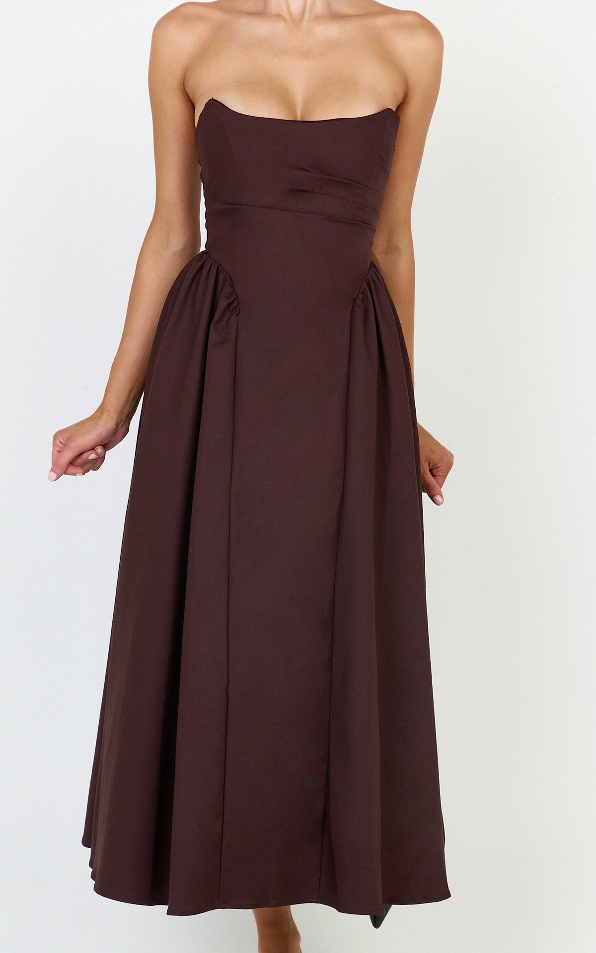 Amara Midi Dress - Strapless Fit And Flare Dress in Chocolate