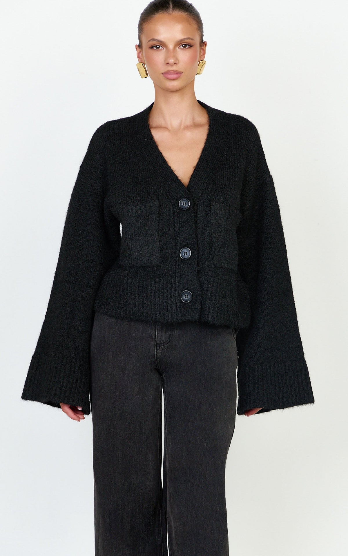 Becka Cardigan - Oversized Recycled Knitted Button Through Cardigan in Black