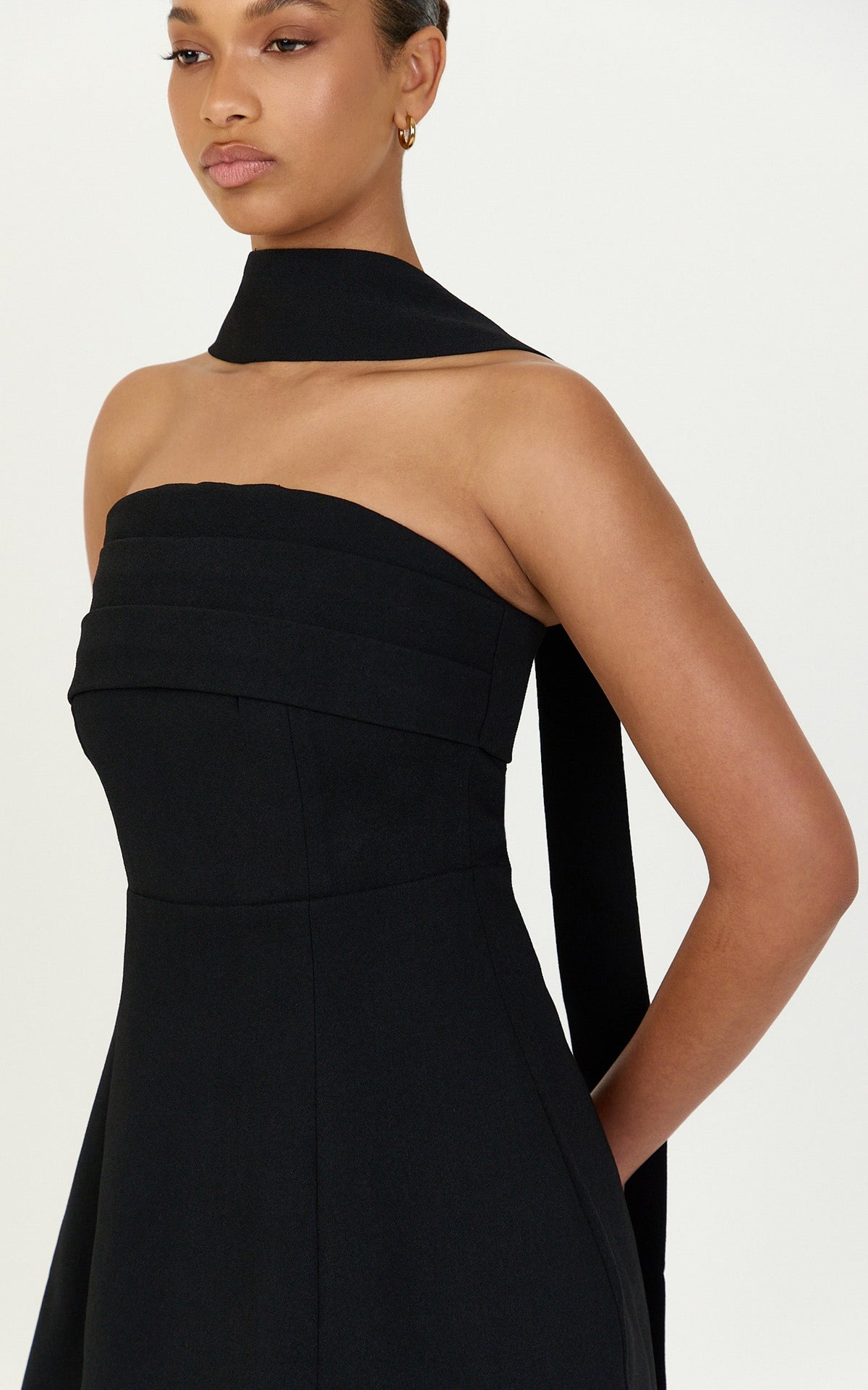 Marcelline Mini Dress - Strapless A Line Dress With Neck Scarf in Black