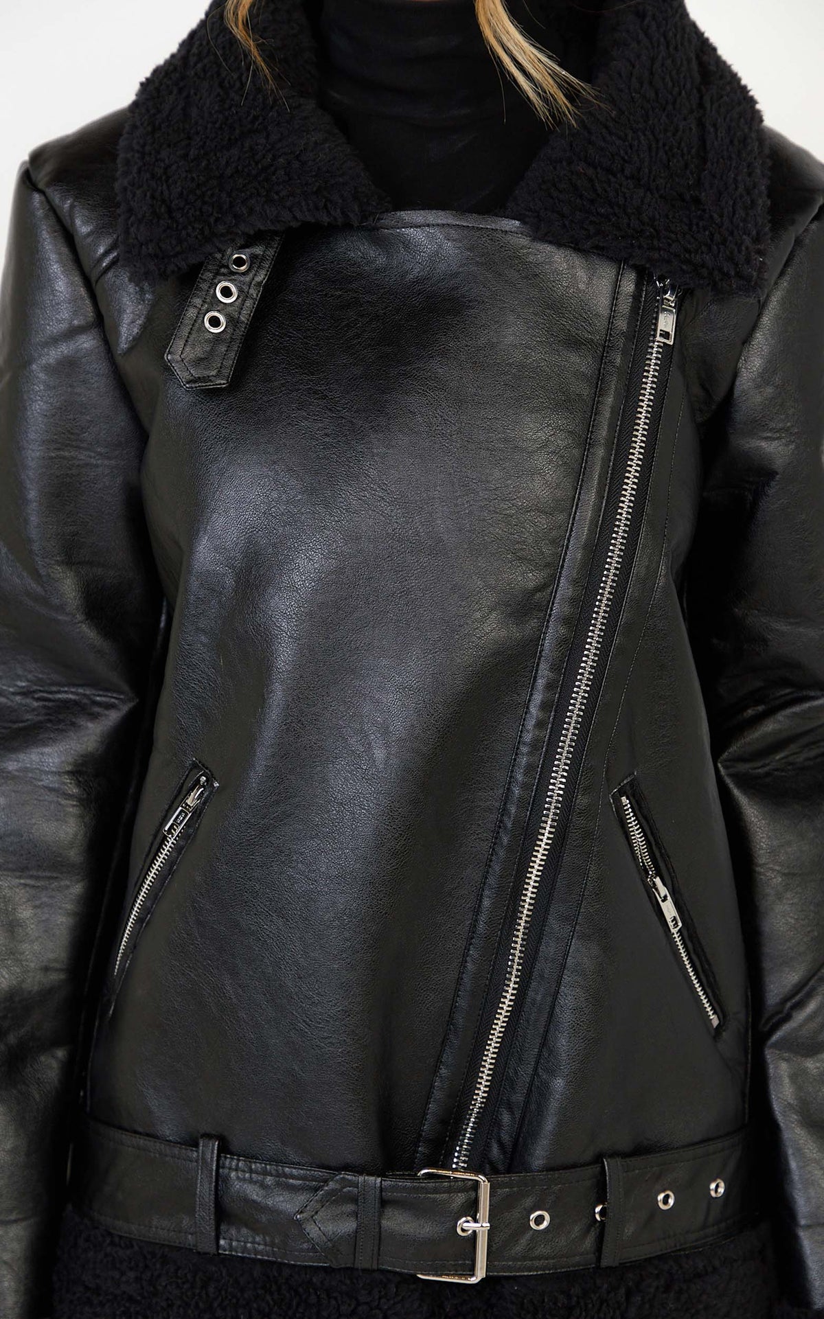 Isolde Jacket - Faux Leather Shearling Biker Jacket in Black Base with Black Borg