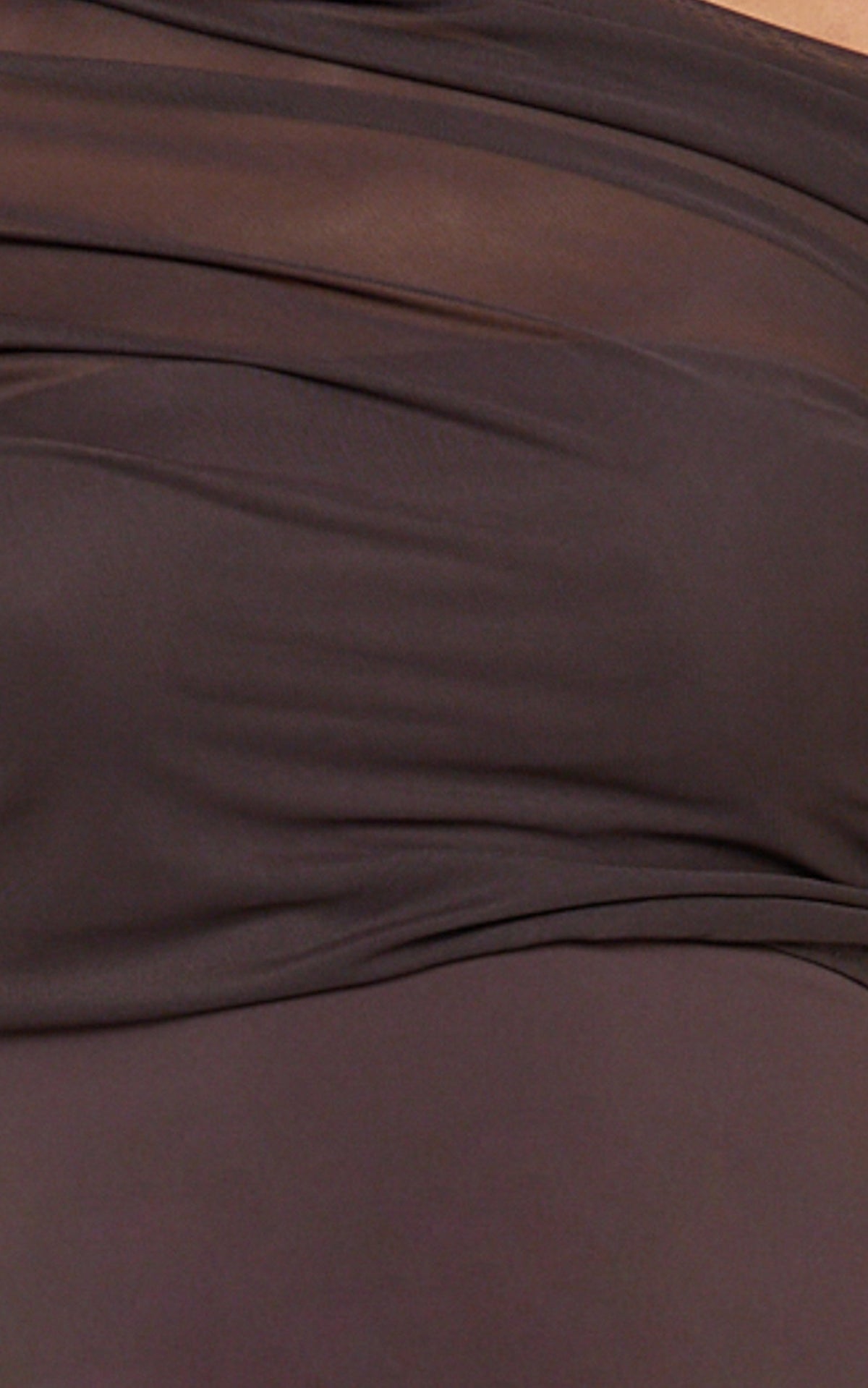 Sophia Top - Draped One Shoulder Mesh Overlay Top in Chocolate
