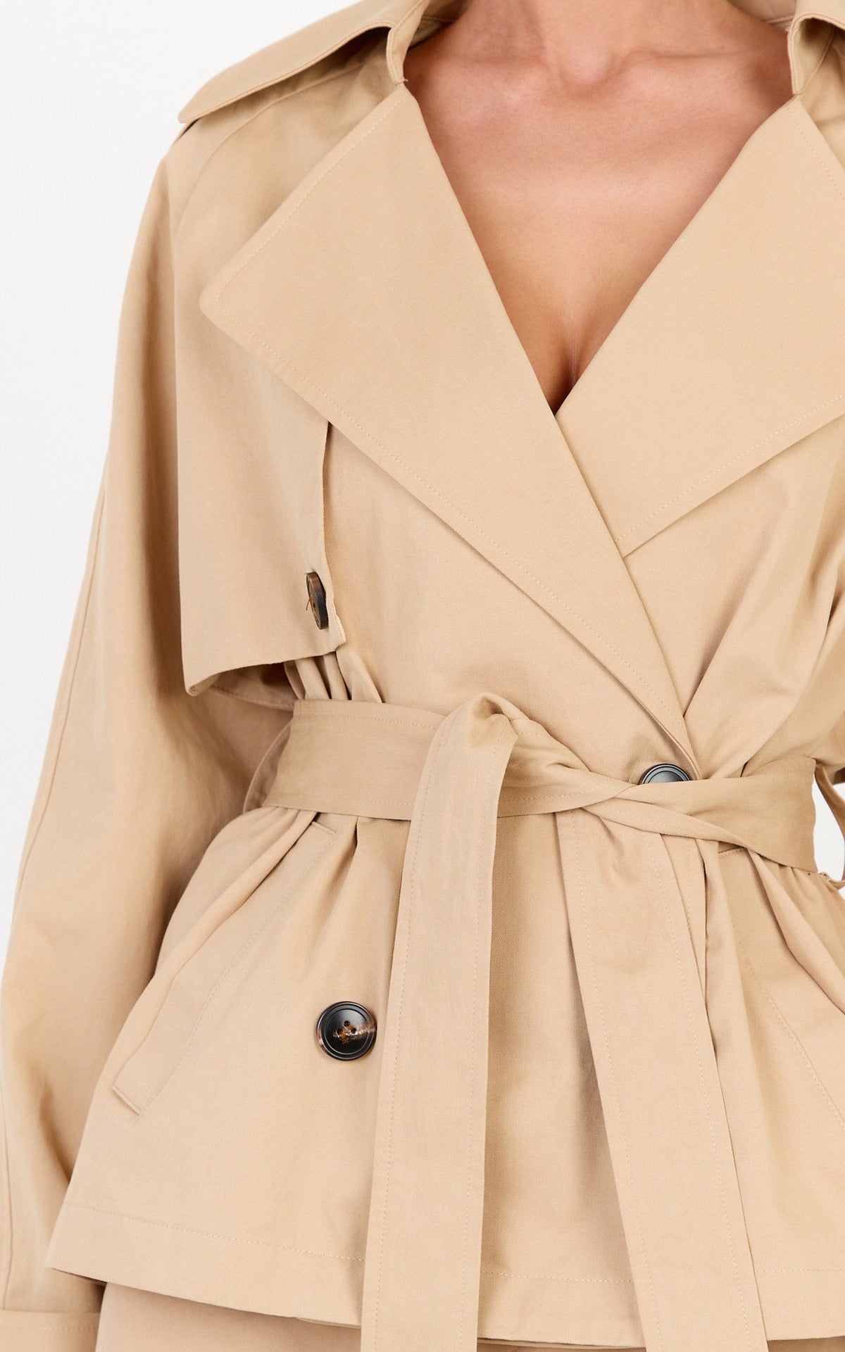 Freya Coat - Oversized Mini Belted Trench Coat in Light Beige
