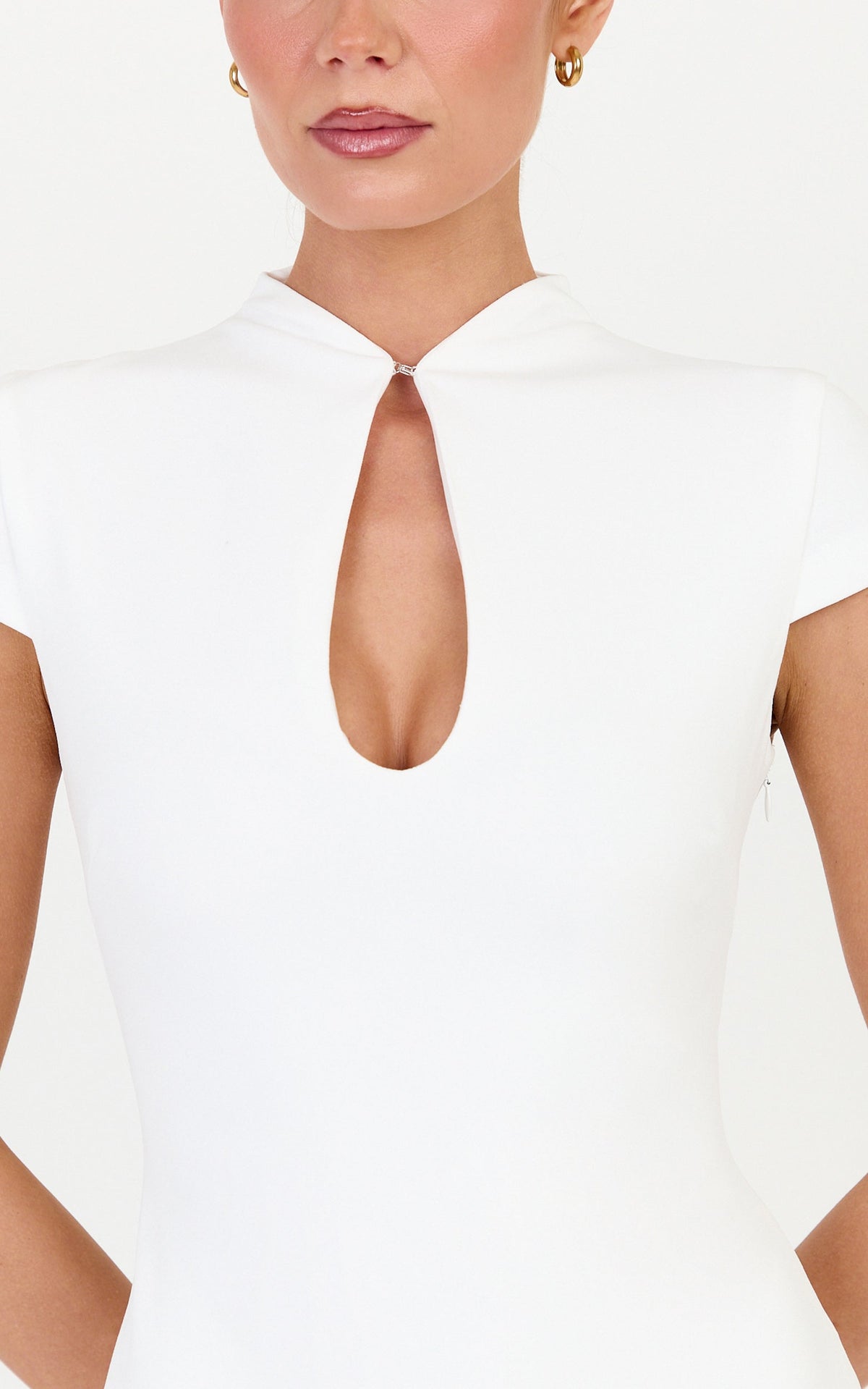 Briony Mini Dress - High Neck Front Key Hole Fitted Dress in White