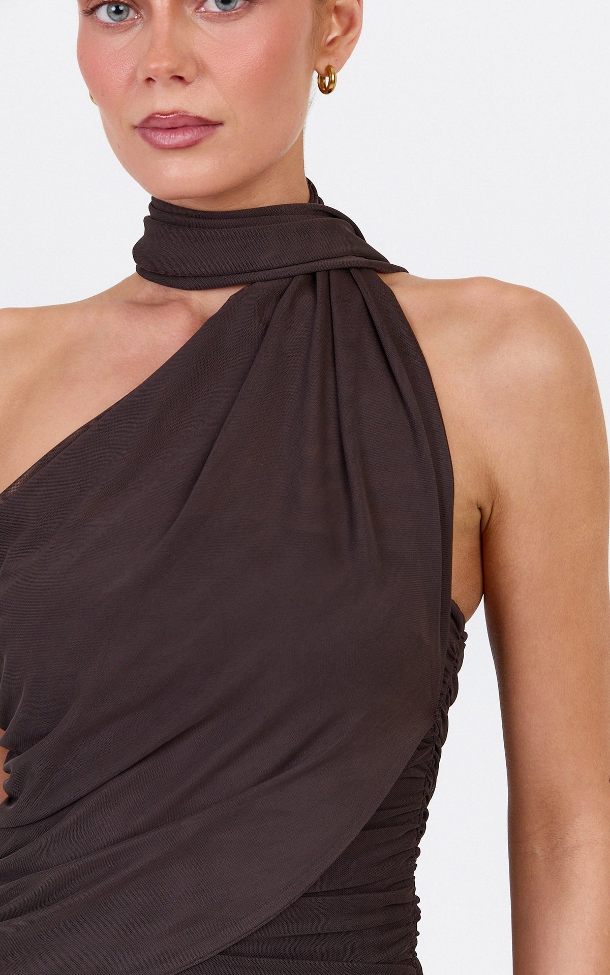 Lucienne Bodysuit - One Shoulder Draped Scarf Bodysuit in Chocolate