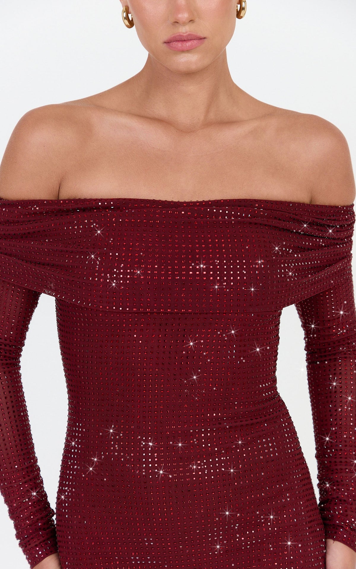 Quinn Mini Dress - Hotfix Off Shoulder Long Sleeve Dress in Wine