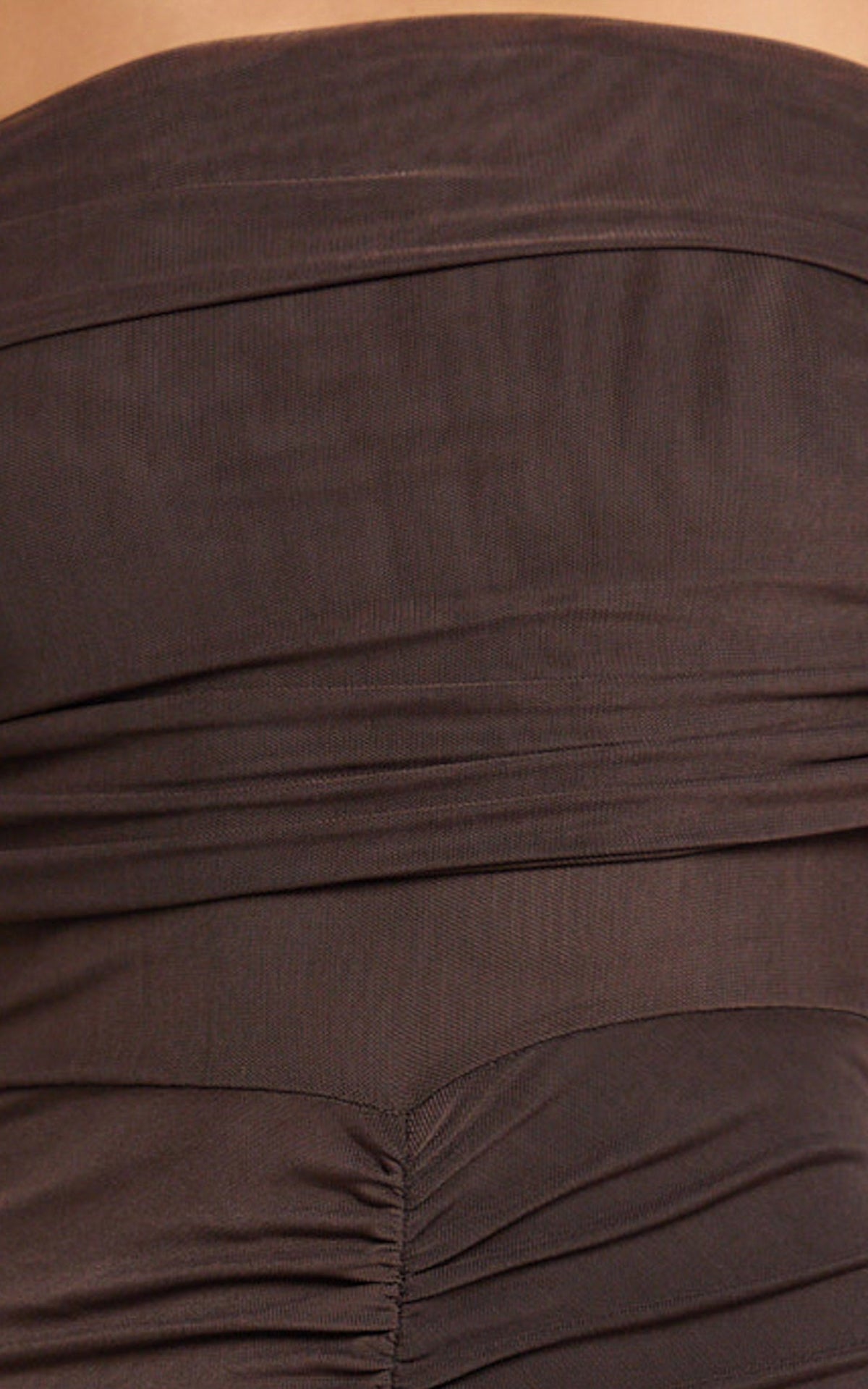 Alanna Maxi Dress - Off Shoulder Ruched Mesh Dress in Chocolate