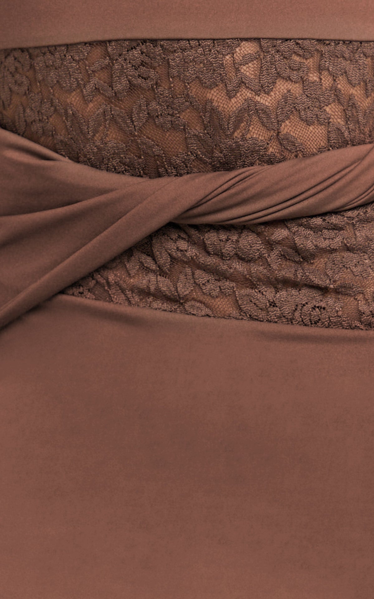 Alberta Maxi Dress - Spliced Sheer Lace Column Dress in Mocha