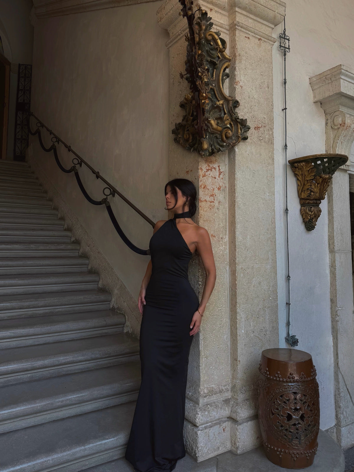 Seraphine Maxi Dress - Halter Neck Low Back Fit And Flare Dress in Black