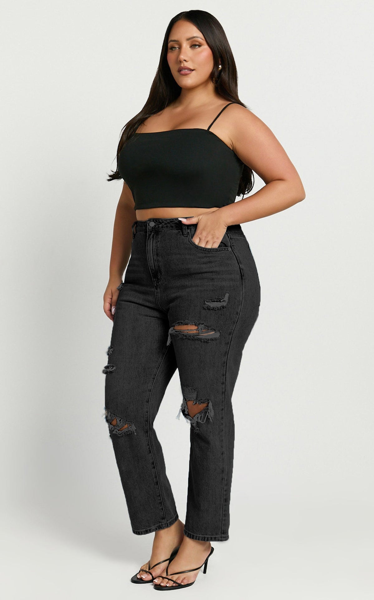 Billie Jeans - High Waisted Cotton Distressed Mom Denim Jeans in Black Wash